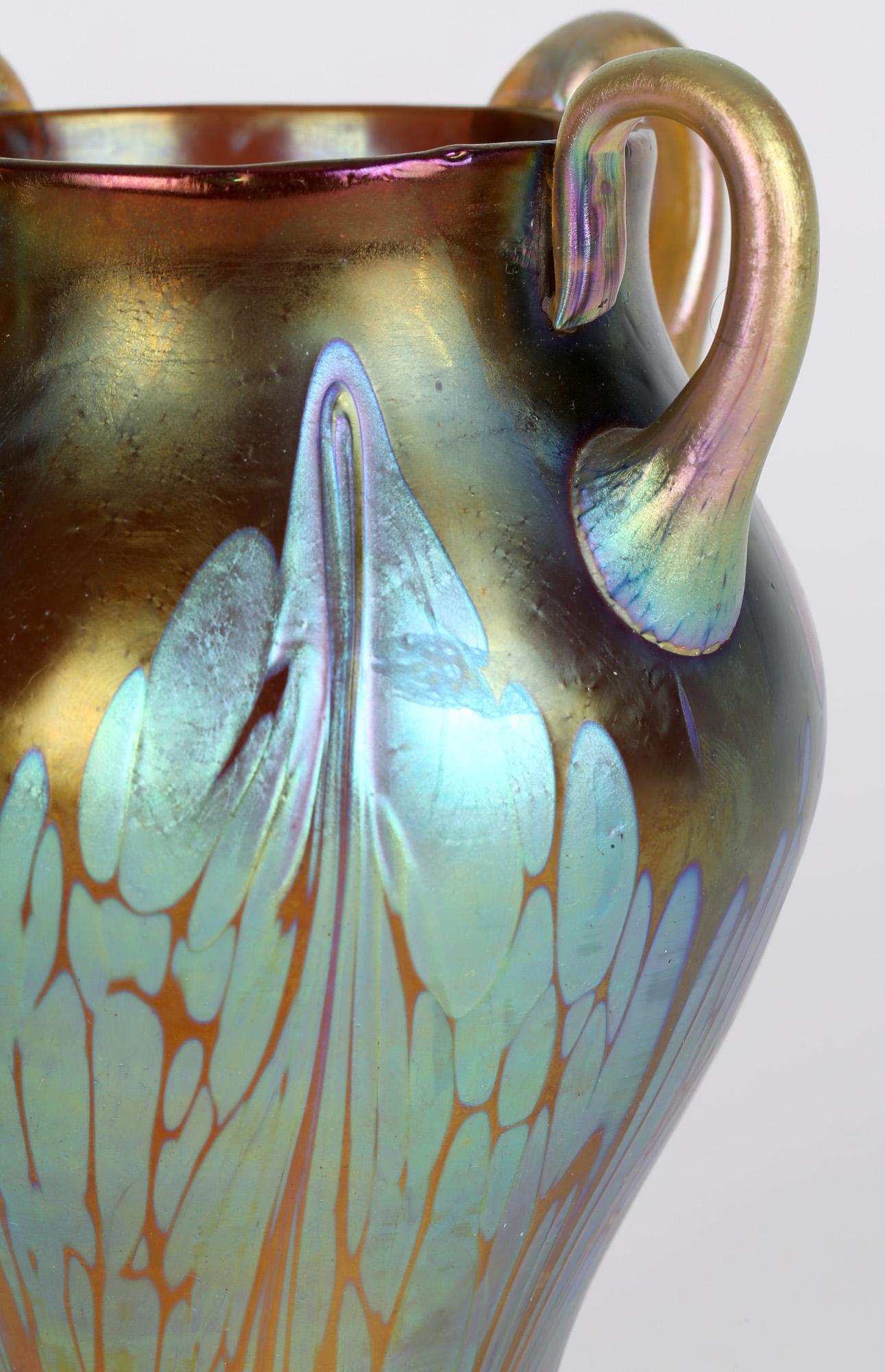Blown Glass Loetz Art Nouveau Four Handled Phaenomen Iridescent Art Glass Vase For Sale