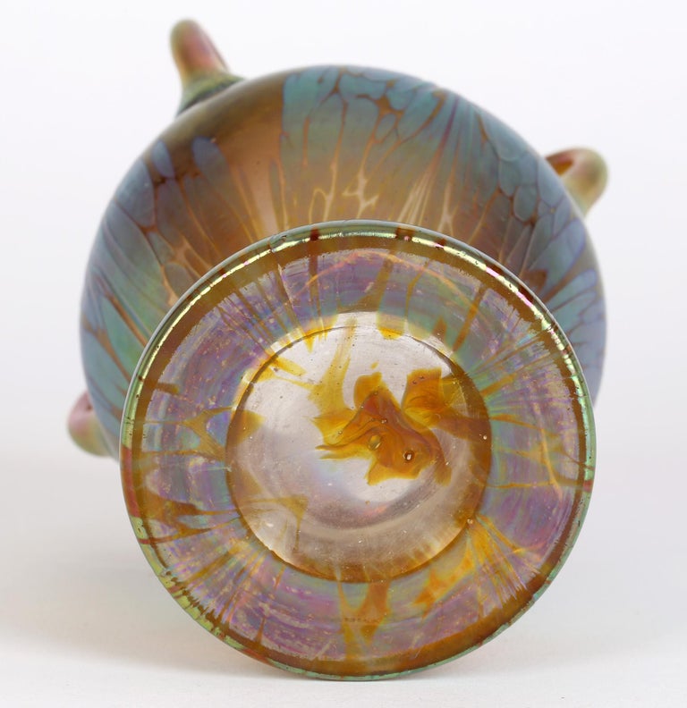 Loetz Art Nouveau Four Handled Phaenomen Iridescent Art Glass Vase For Sale 5