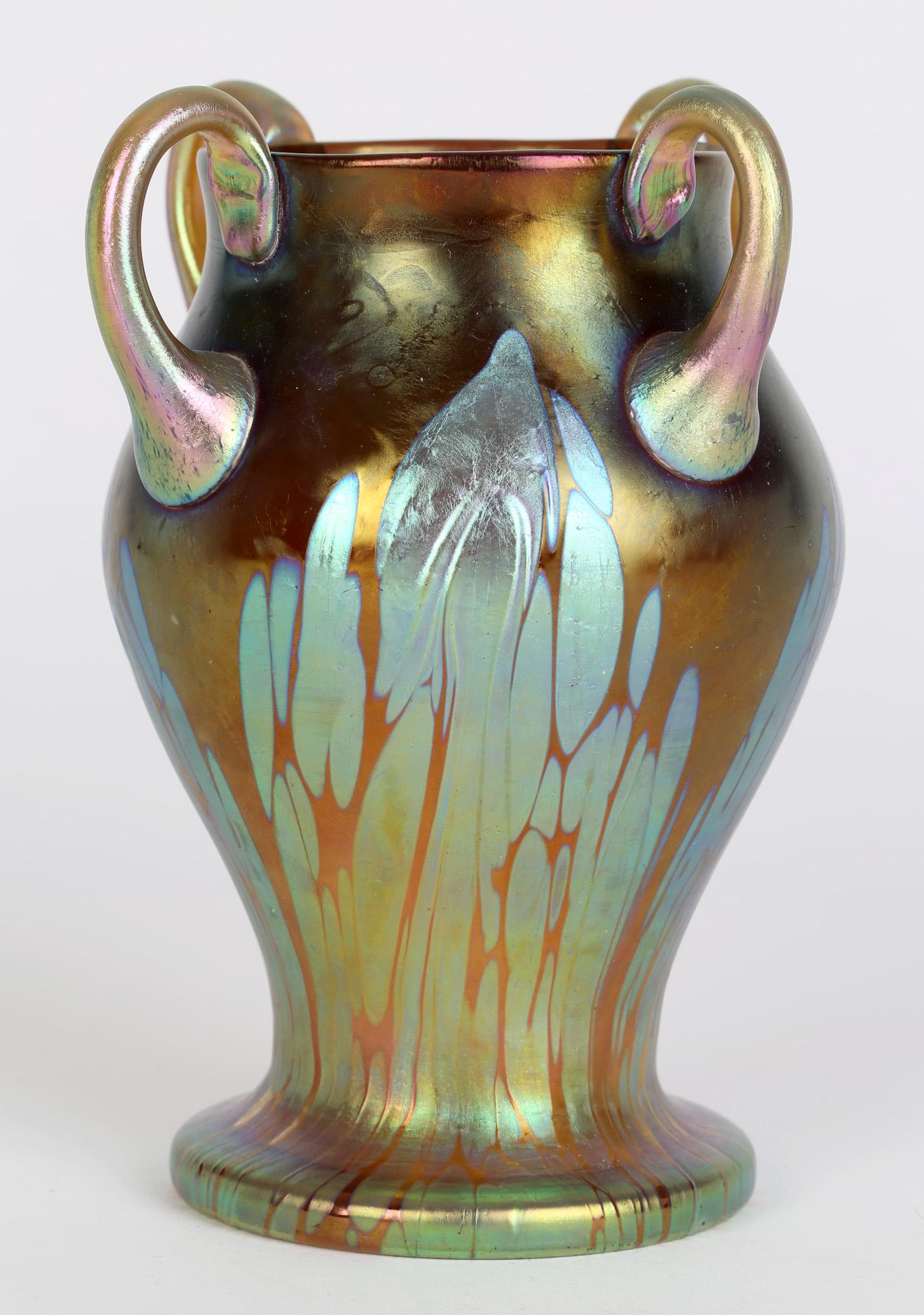 Loetz Art Nouveau Four Handled Phaenomen Iridescent Art Glass Vase For Sale 3