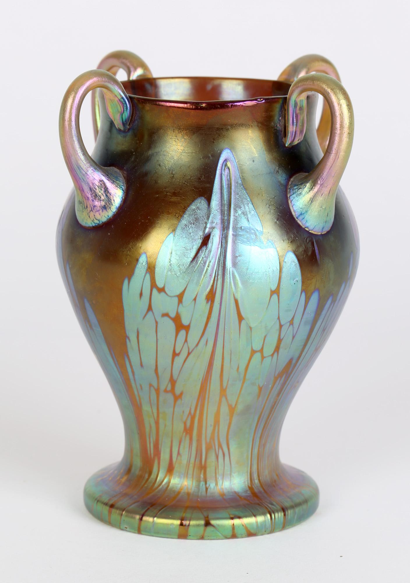 Loetz Art Nouveau Four Handled Phaenomen Iridescent Art Glass Vase For Sale 6