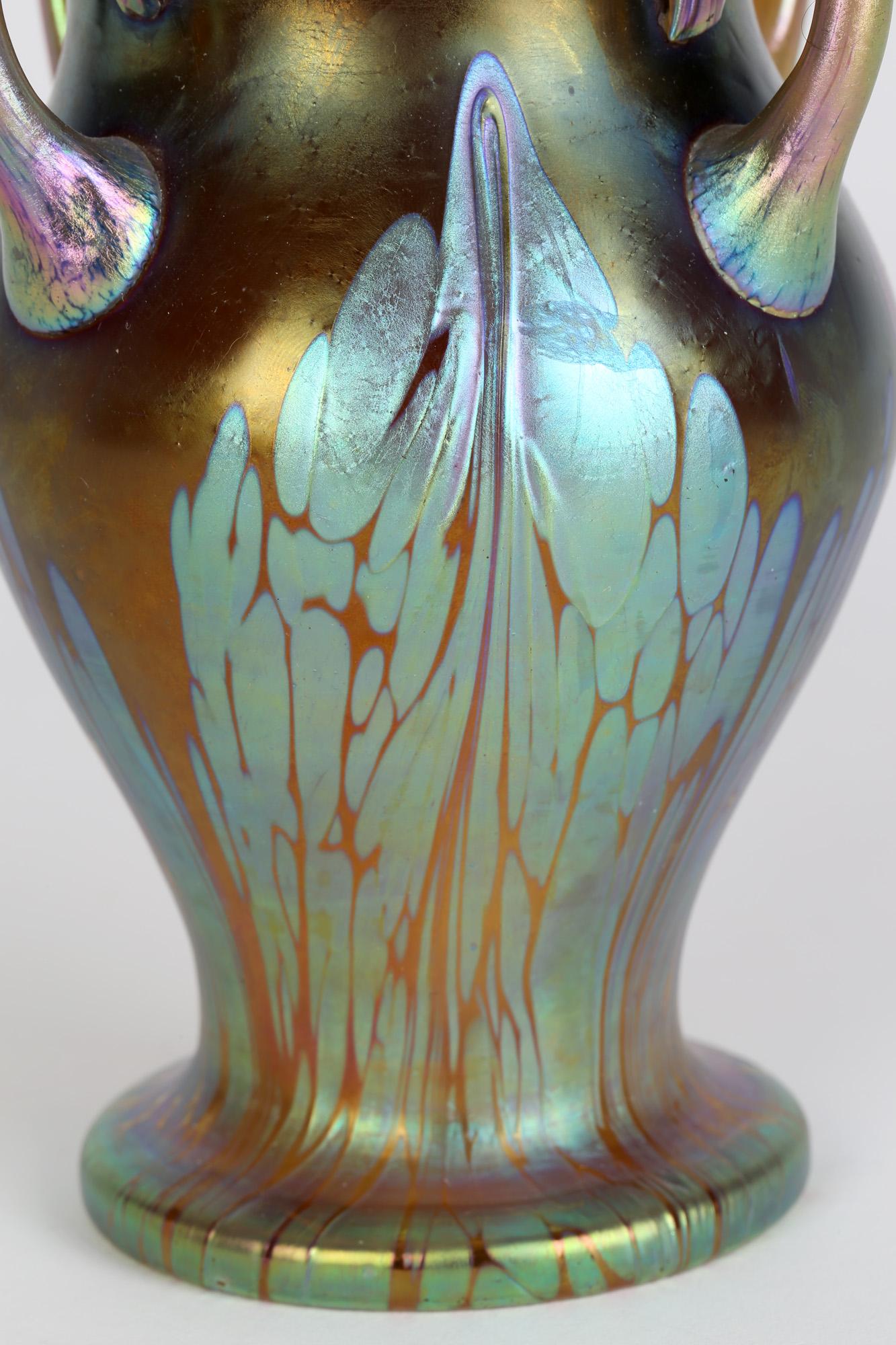 Loetz Art Nouveau Four Handled Phaenomen Iridescent Art Glass Vase For Sale 8