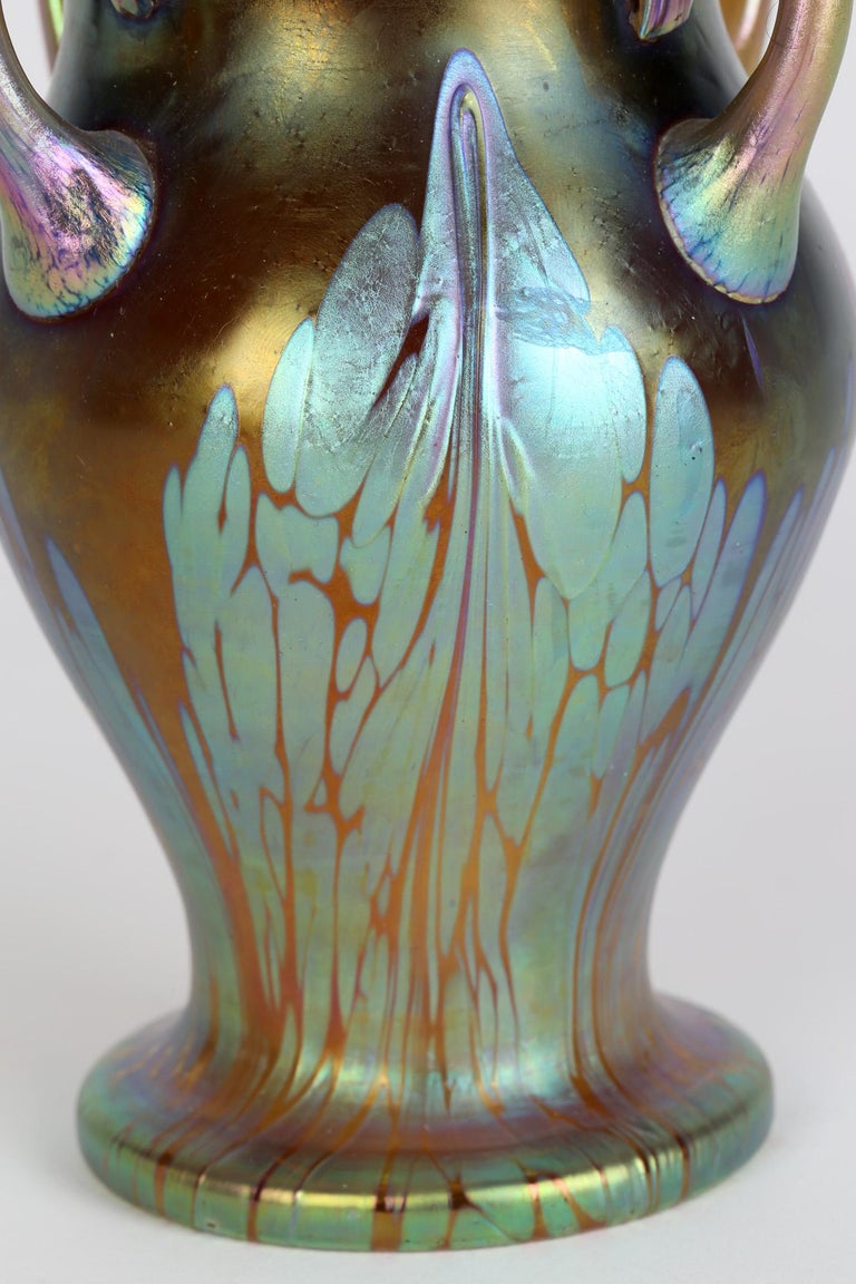 Loetz Art Nouveau Four Handled Phaenomen Iridescent Art Glass Vase For Sale 11