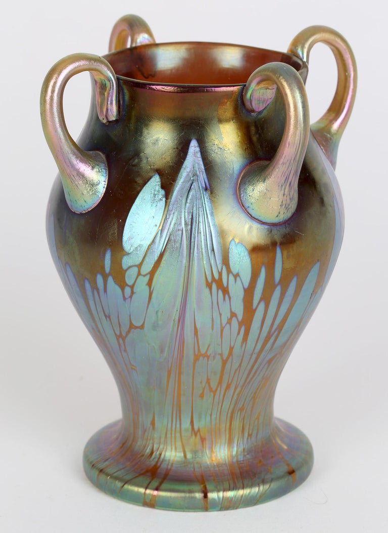 Hand-Crafted Loetz Art Nouveau Four Handled Phaenomen Iridescent Art Glass Vase For Sale