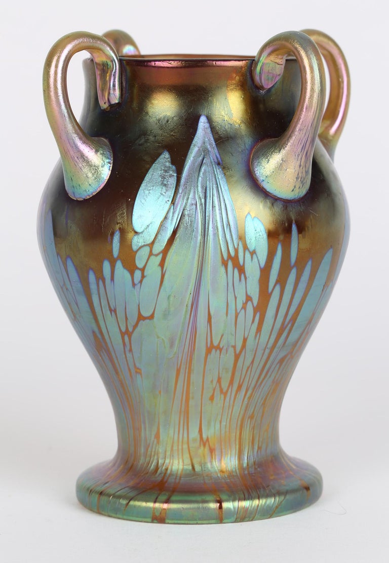 Early 20th Century Loetz Art Nouveau Four Handled Phaenomen Iridescent Art Glass Vase For Sale