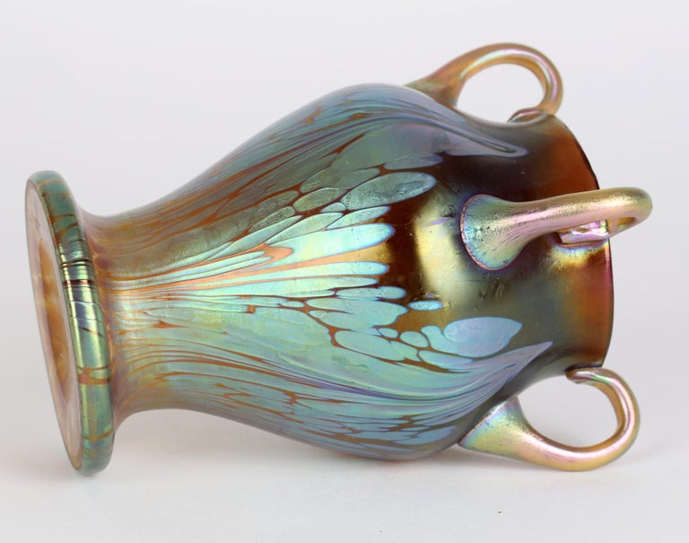 Blown Glass Loetz Art Nouveau Four Handled Phaenomen Iridescent Art Glass Vase For Sale