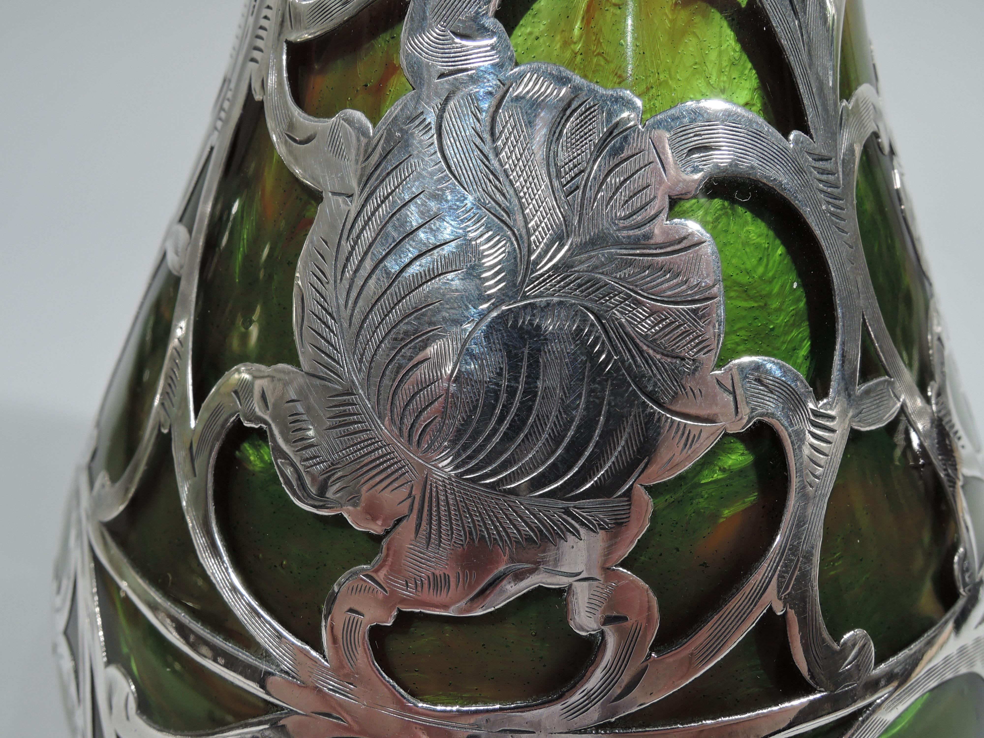 19th Century Loetz Art Nouveau Glass and Silver Overlay Vase in Titania Pattern
