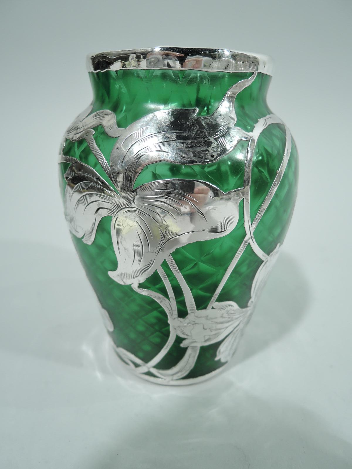 Austrian Loetz Art Nouveau Green Quilted Vase with Silver Overlay by La Pierre