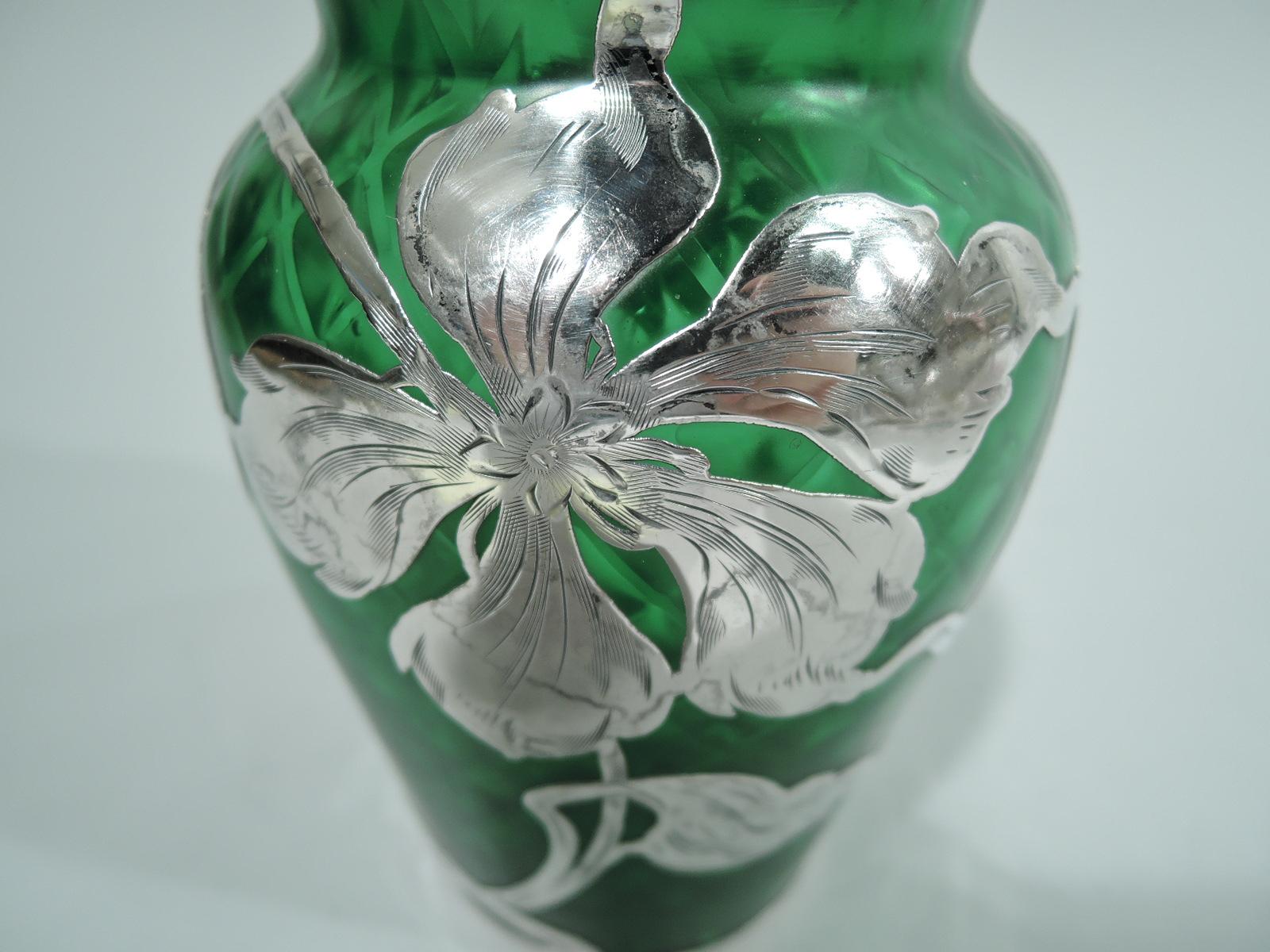 20th Century Loetz Art Nouveau Green Quilted Vase with Silver Overlay by La Pierre