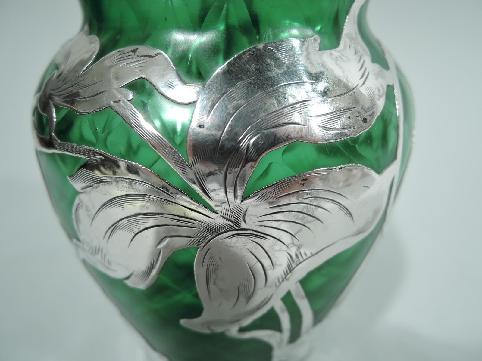 Loetz Art Nouveau Green Quilted Vase with Silver Overlay by La Pierre 1