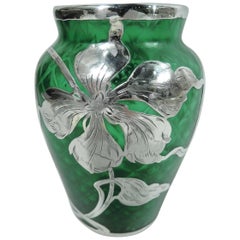 Loetz Art Nouveau Green Quilted Vase with Silver Overlay by La Pierre