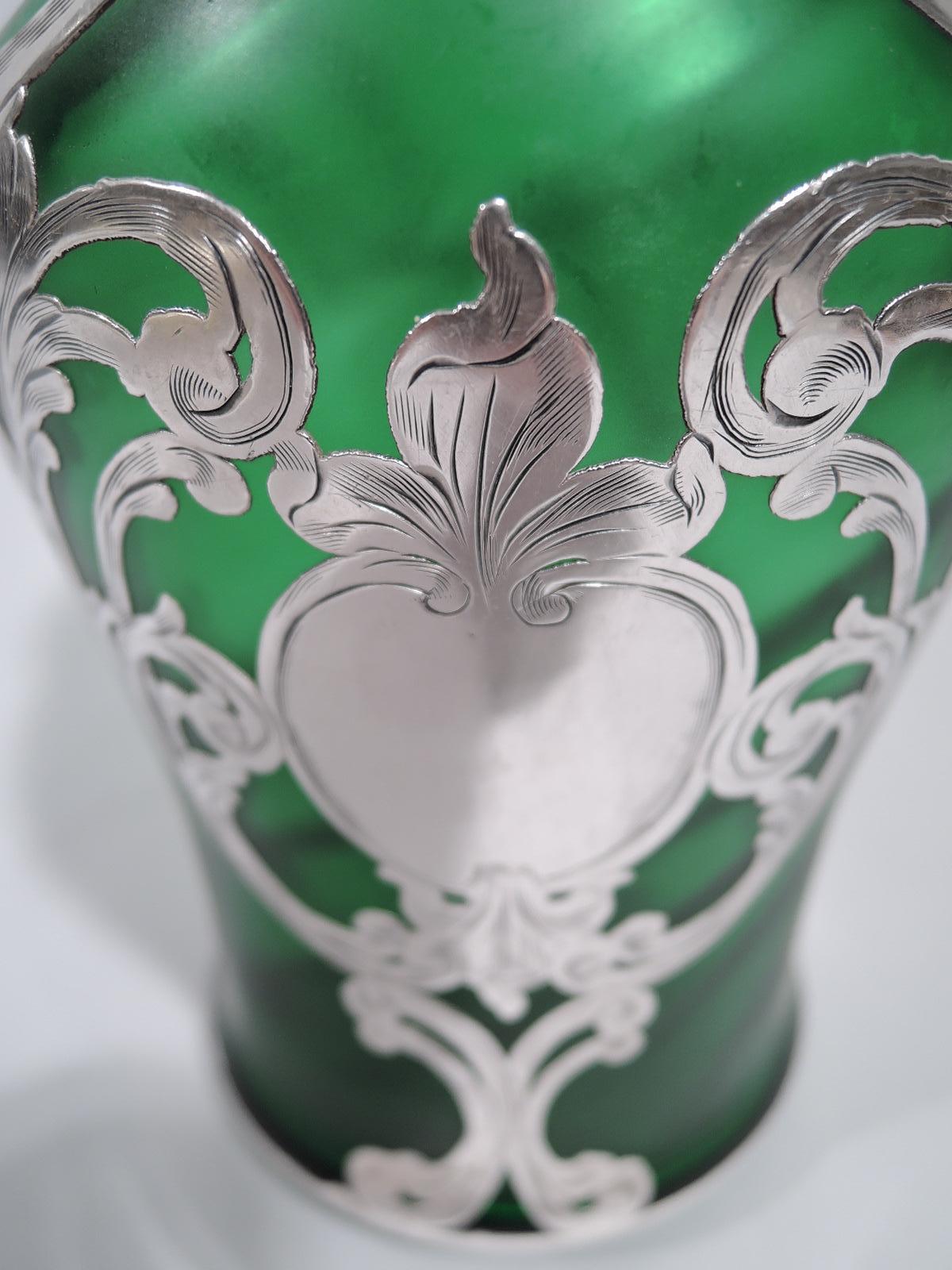 Loetz Art Nouveau Green Silver Overlay Vase In Excellent Condition In New York, NY