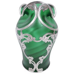 Loetz Art Nouveau Green Silver Overlay Vase