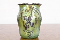 Loetz Art Nouveau Iridescent Art Glass Vase With Sterling Silver Overlay