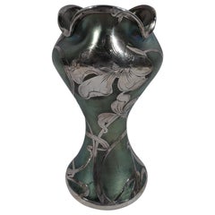 Loetz Art Nouveau Iridescent Glass Vase with Silver Overlay