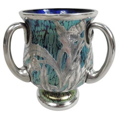 Loetz Art Nouveau Iridescent Loving Cup Vase with Silver Overlay