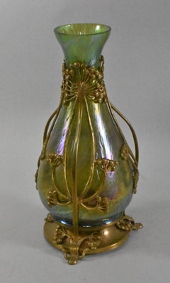 Loetz Art Nouveau Iridescent Oil Spot Vase with Bronze Frame