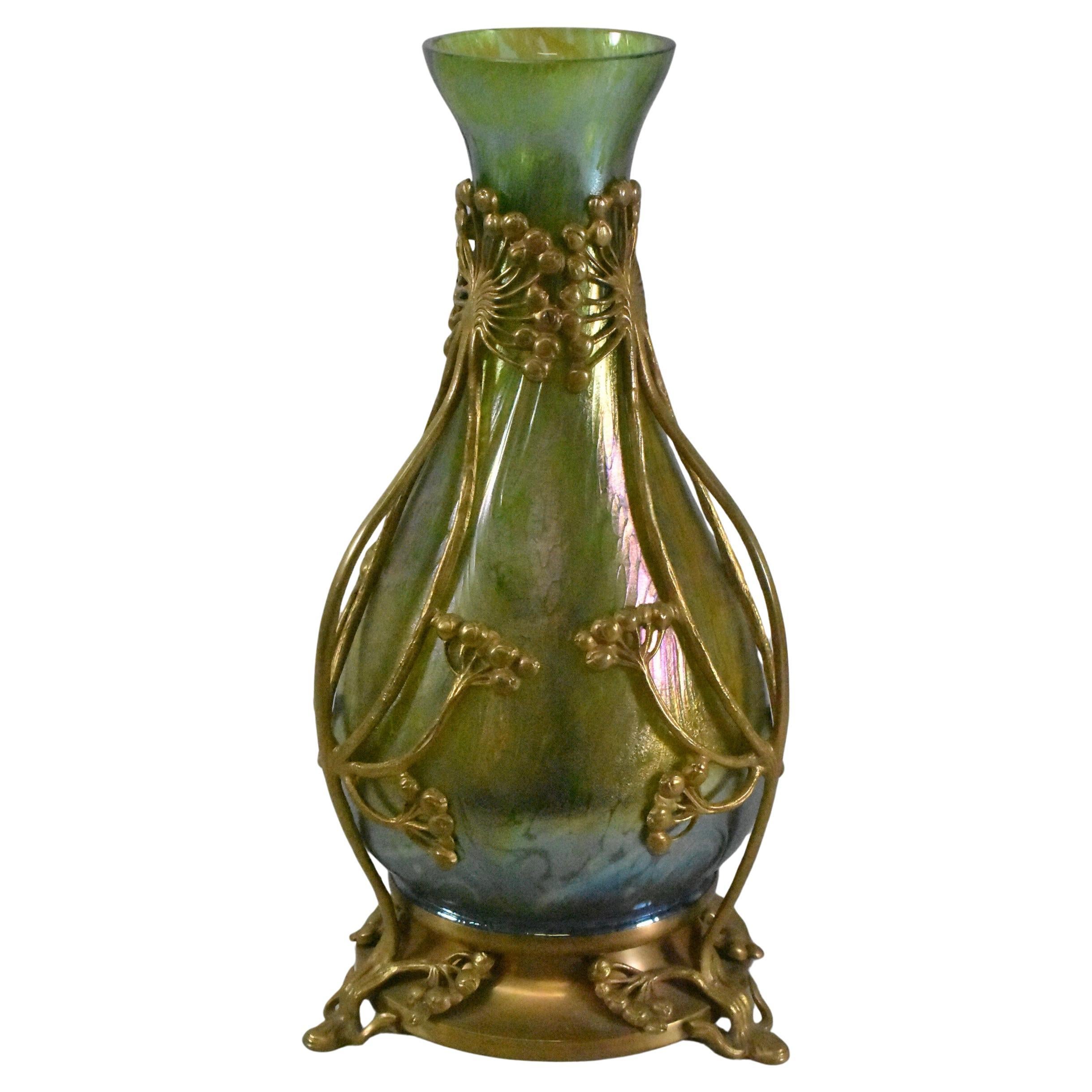 Loetz Art Nouveau Iridescent Oil Spot Vase with Bronze Frame