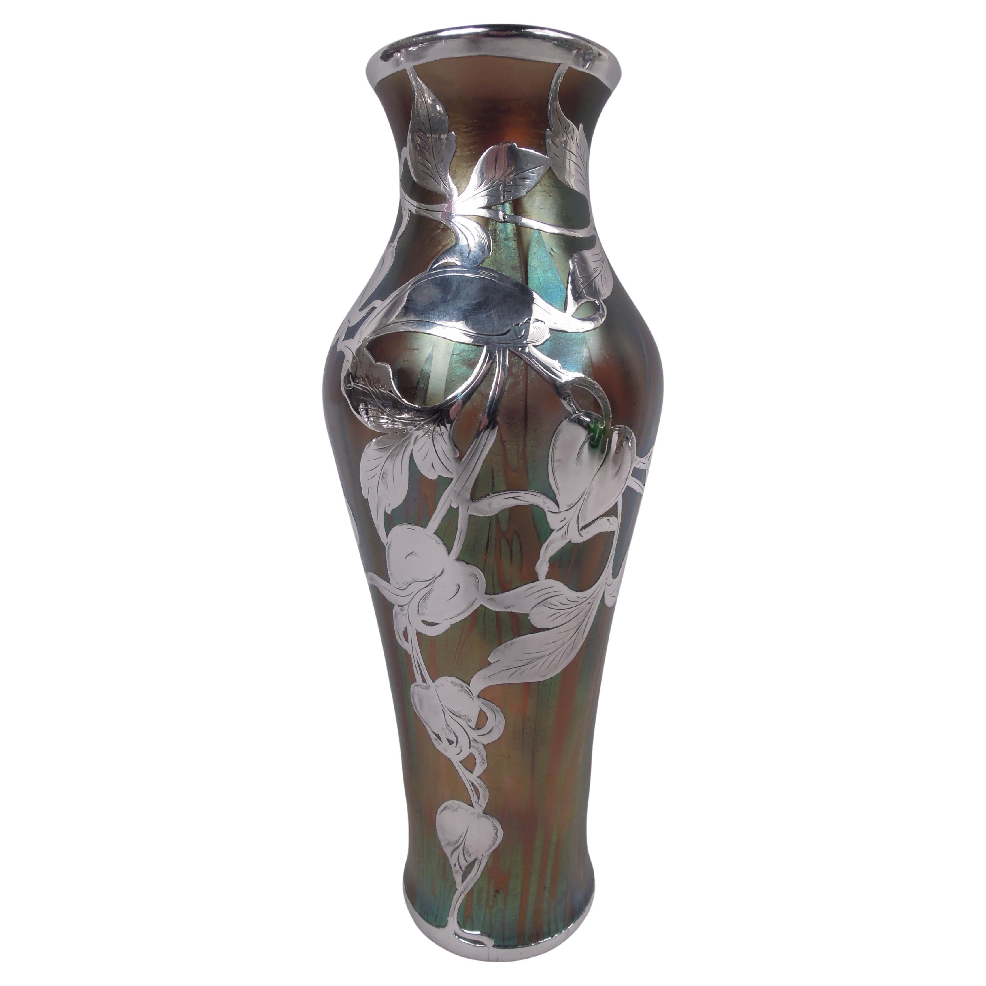 Loetz Art Nouveau Iridescent Vase with Leafing Silver Overlay