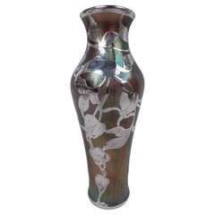 Loetz Art Nouveau Iridescent Vase with Leafing Silver Overlay