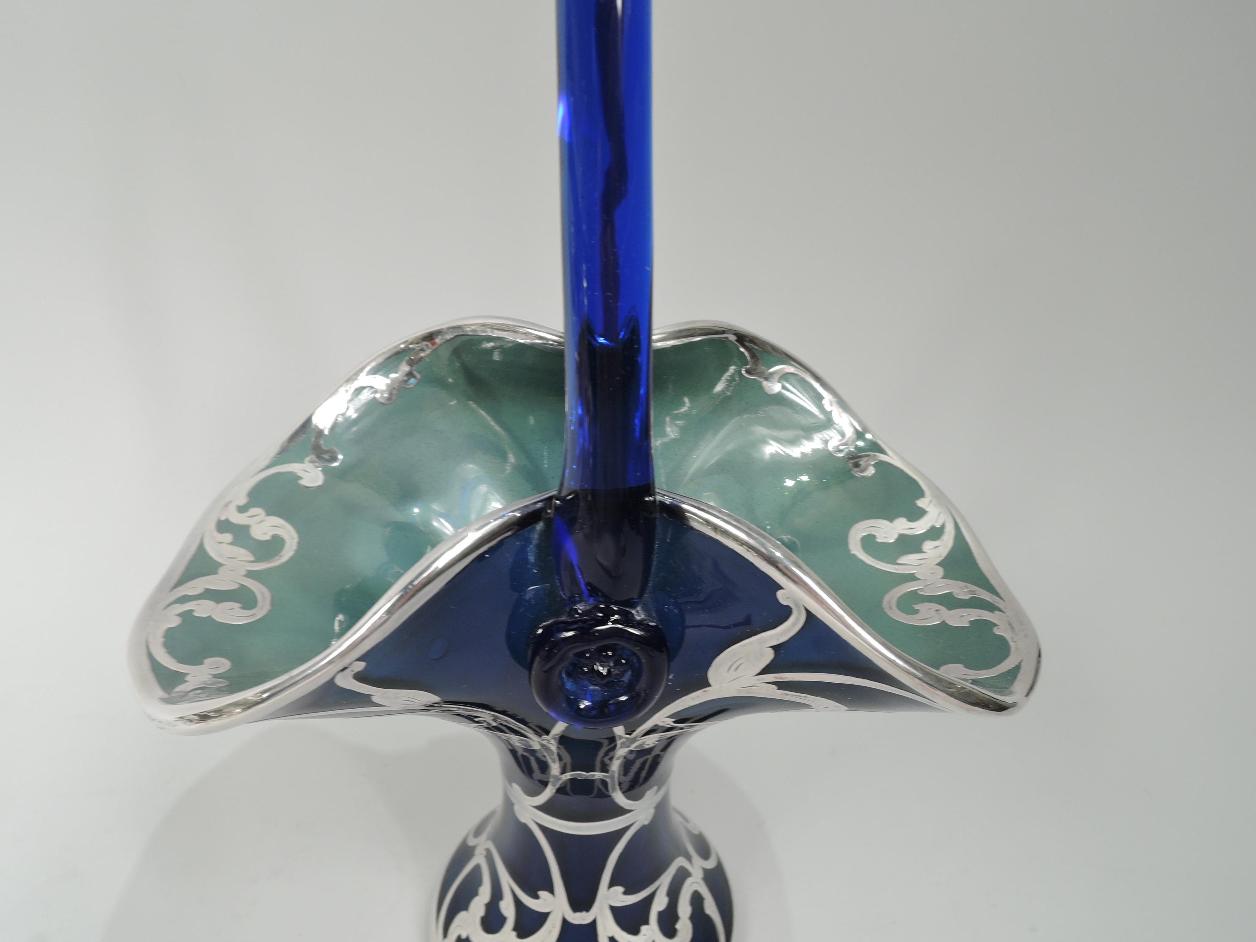 Loetz Art Nouveau Silver Overlay Basket in Rare Iridescent Cobalt In Excellent Condition In New York, NY