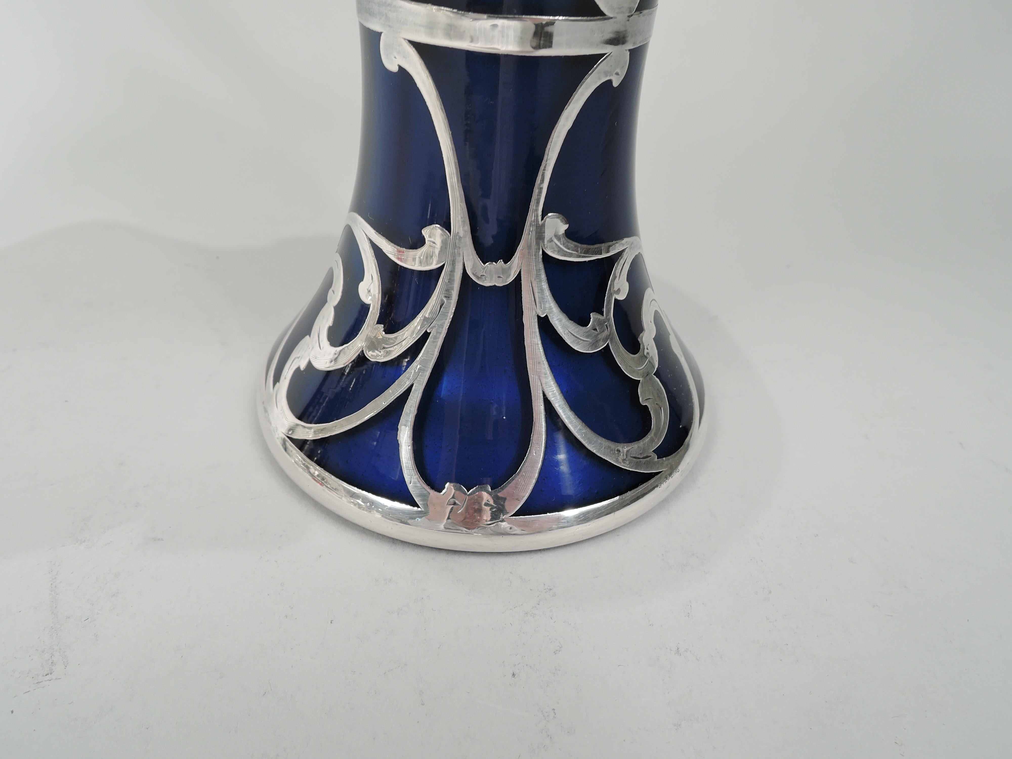 Loetz Art Nouveau Silver Overlay Basket in Rare Iridescent Cobalt 1