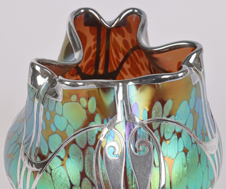Austrian Loetz Art Nouveau Silver Overlay Phaenomen Art Glass Vase For Sale