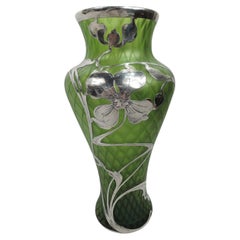 Loetz Art Nouveau Silver Overlay Vase in Rare Olive Green