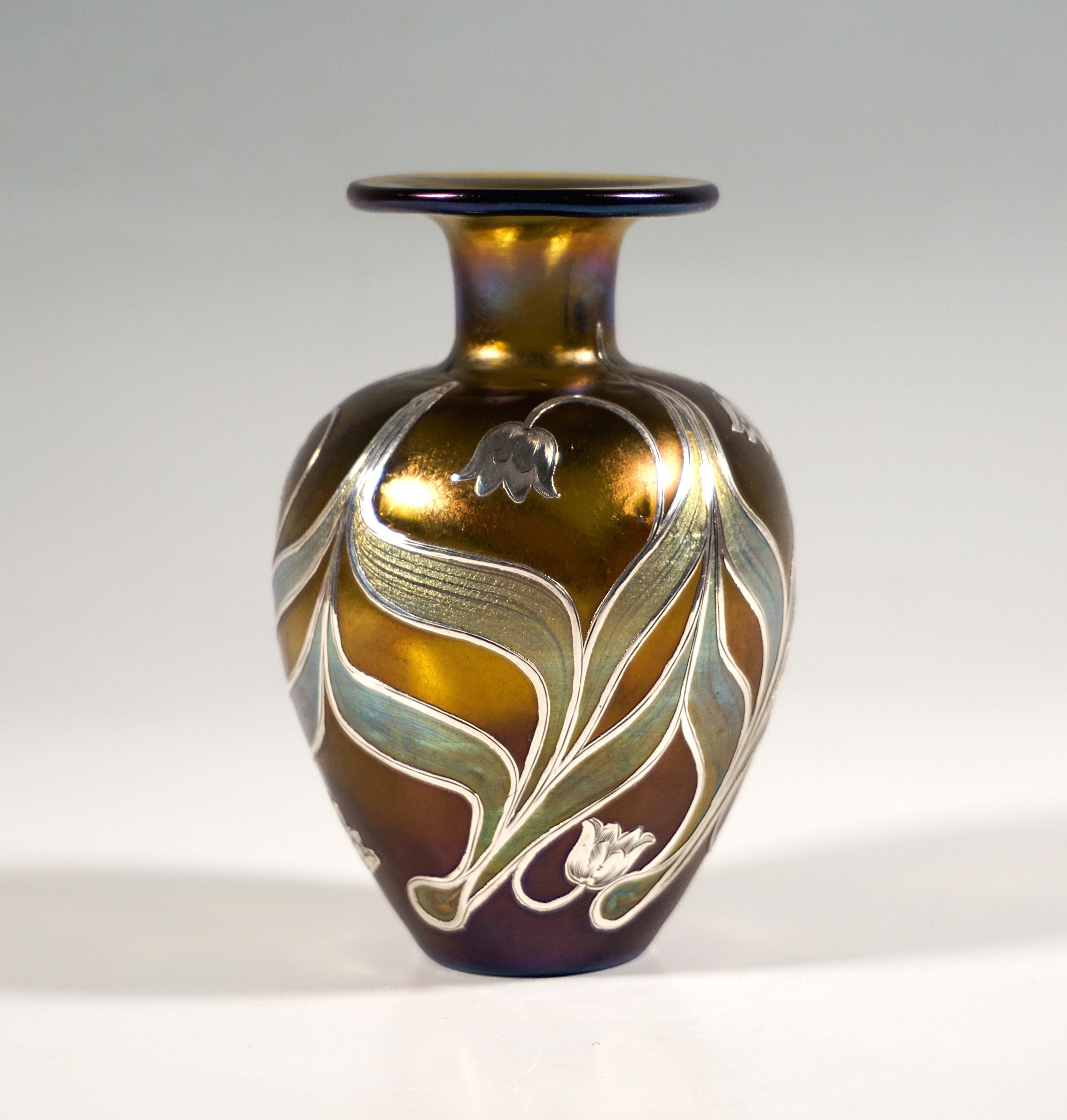 Austrian Loetz Art Nouveau Vase Bronce Phenomenon Gre 7801 With Silver Overlay, Ca 1900