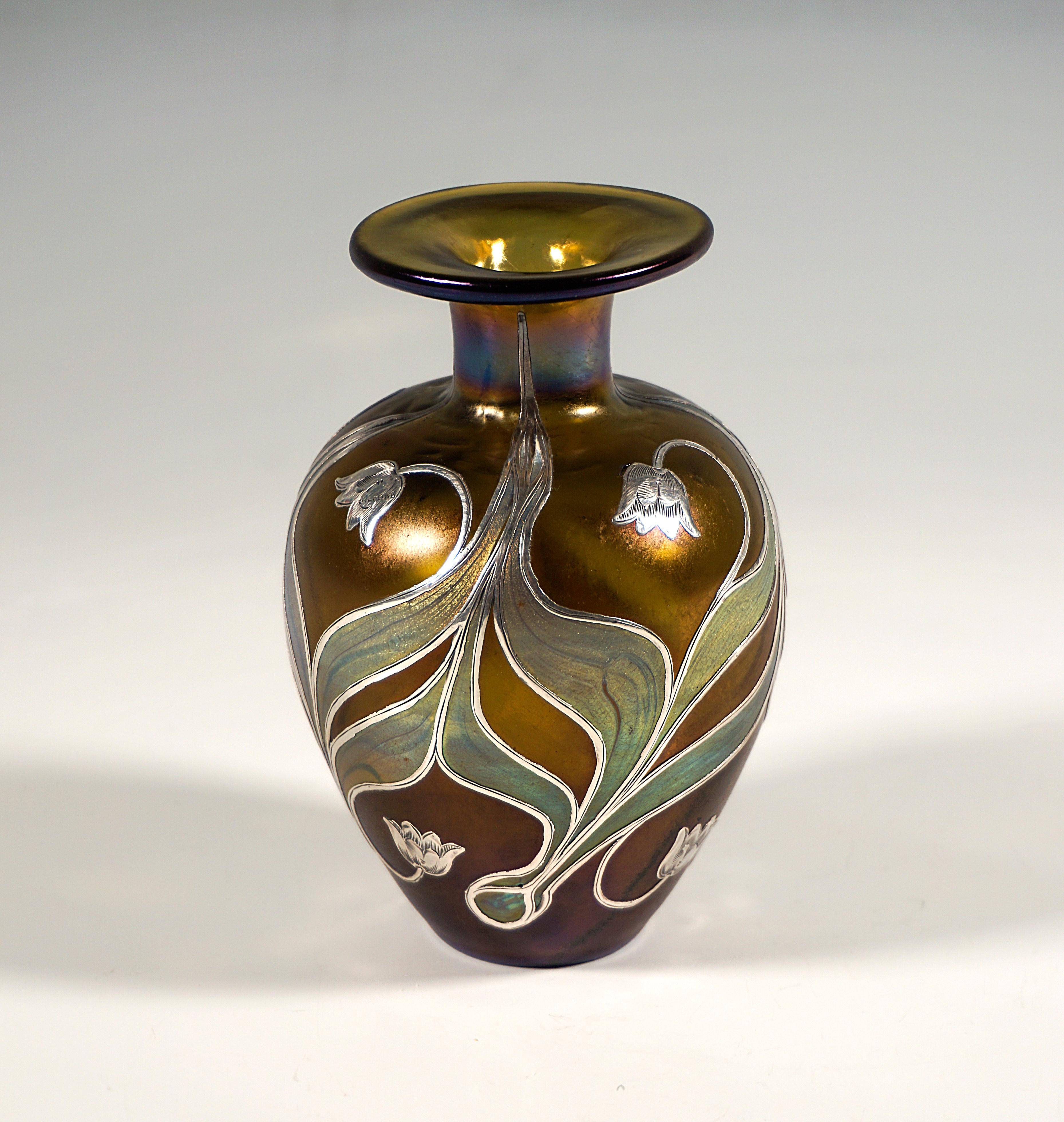 Hand-Crafted Loetz Art Nouveau Vase Bronce Phenomenon Gre 7801 With Silver Overlay, Ca 1900