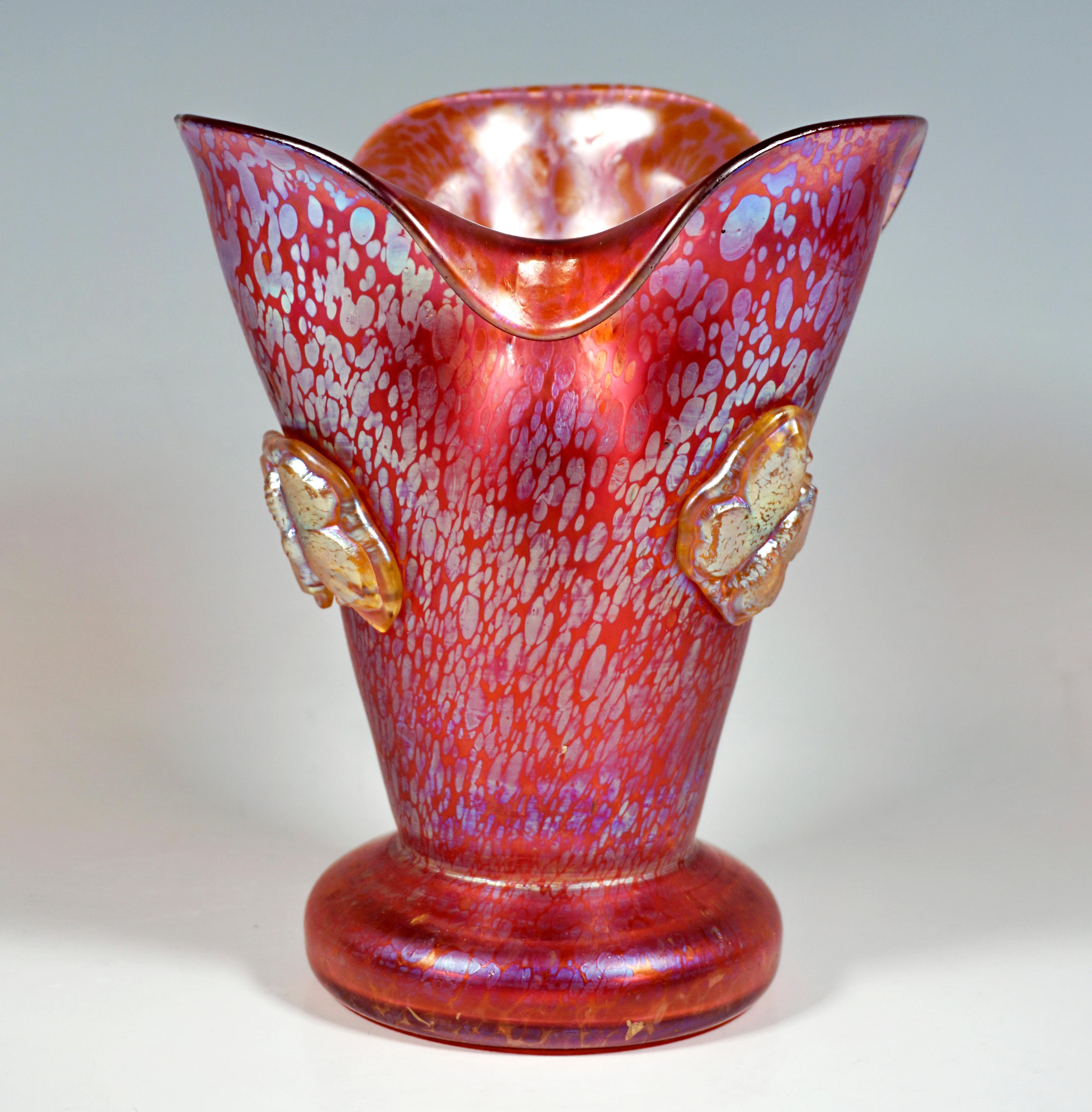 Austrian Loetz Art Nouveau Vase Camelia Red Papillon With Applied Butterflies, ca 1900 For Sale