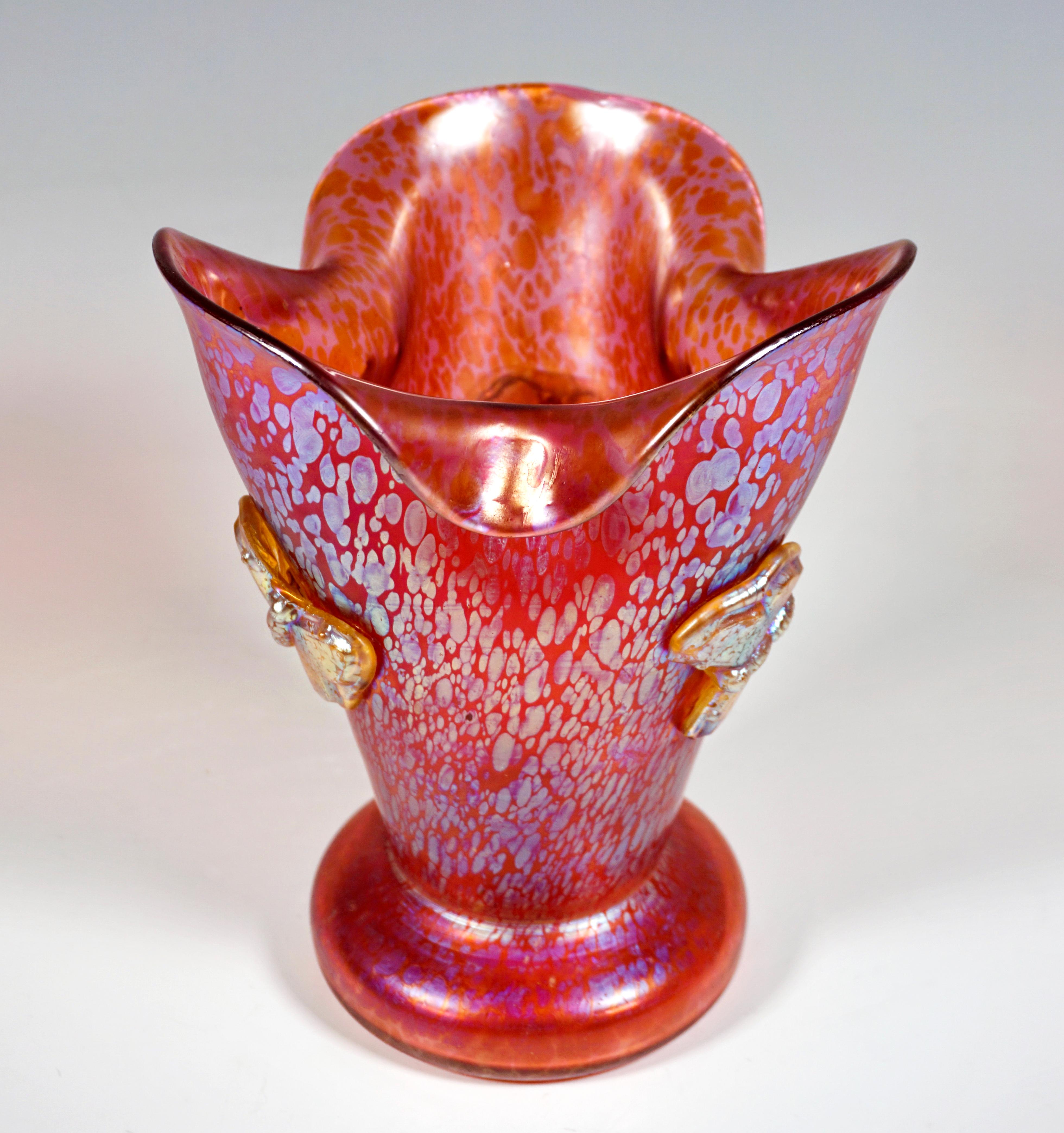 Hand-Crafted Loetz Art Nouveau Vase Camelia Red Papillon With Applied Butterflies, ca 1900 For Sale