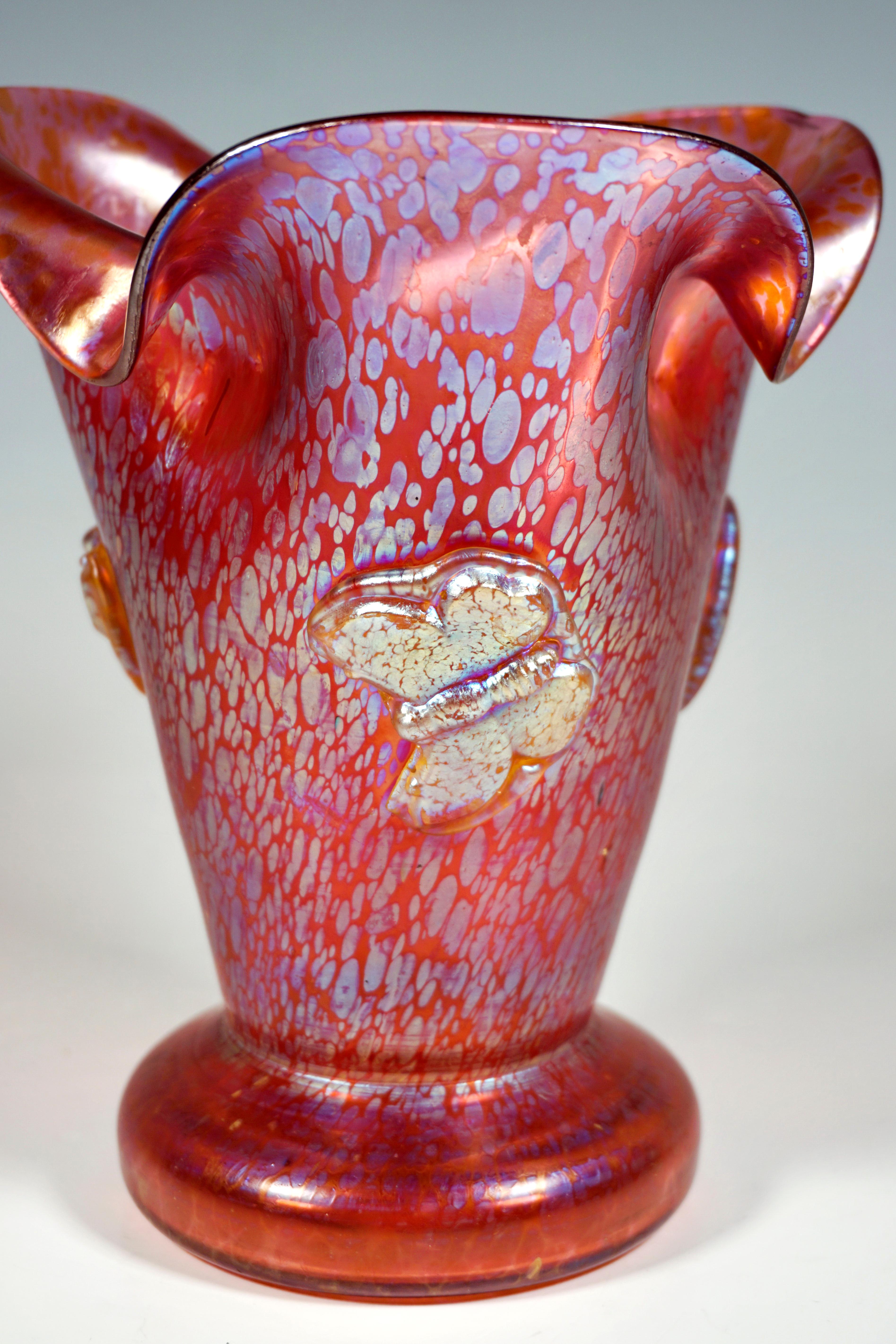 Early 20th Century Loetz Art Nouveau Vase Camelia Red Papillon With Applied Butterflies, ca 1900 For Sale