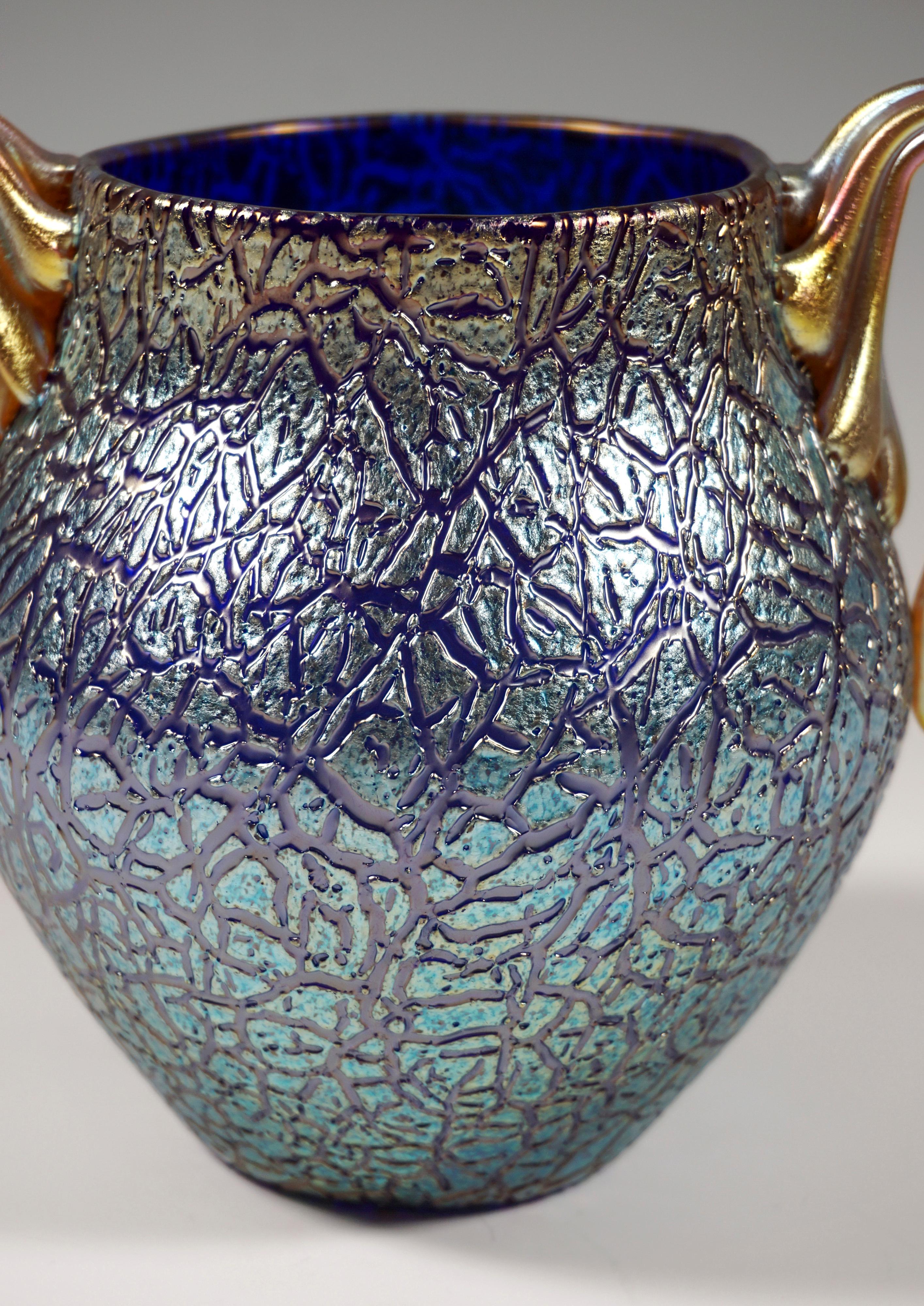Hand-Crafted Loetz Art Nouveau Vase Cobalt Mimosa with 2 Handles, Austria-Hungary, circa 1909 For Sale
