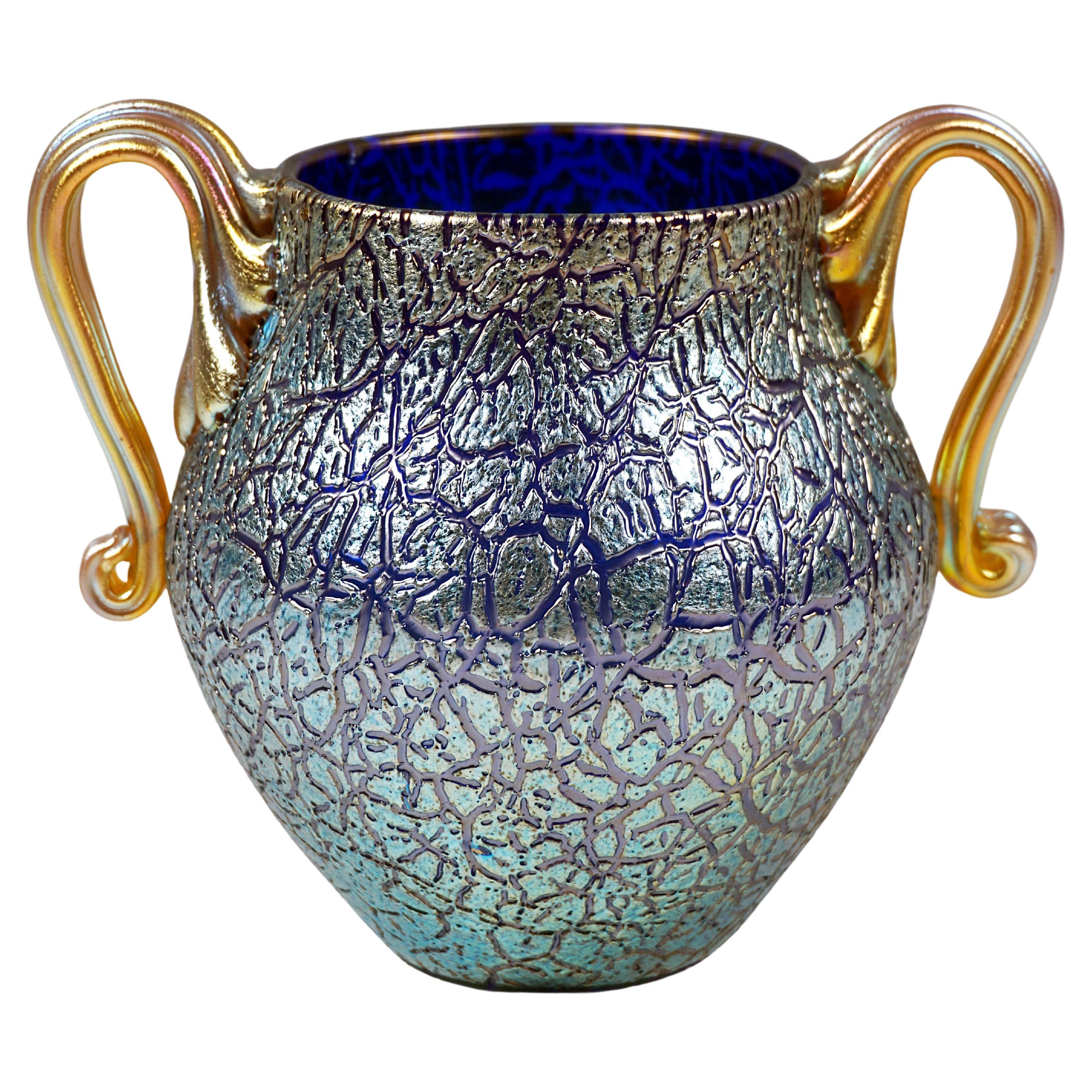 Loetz Art Nouveau Vase Cobalt Mimosa with 2 Handles, Austria-Hungary, circa 1909 For Sale