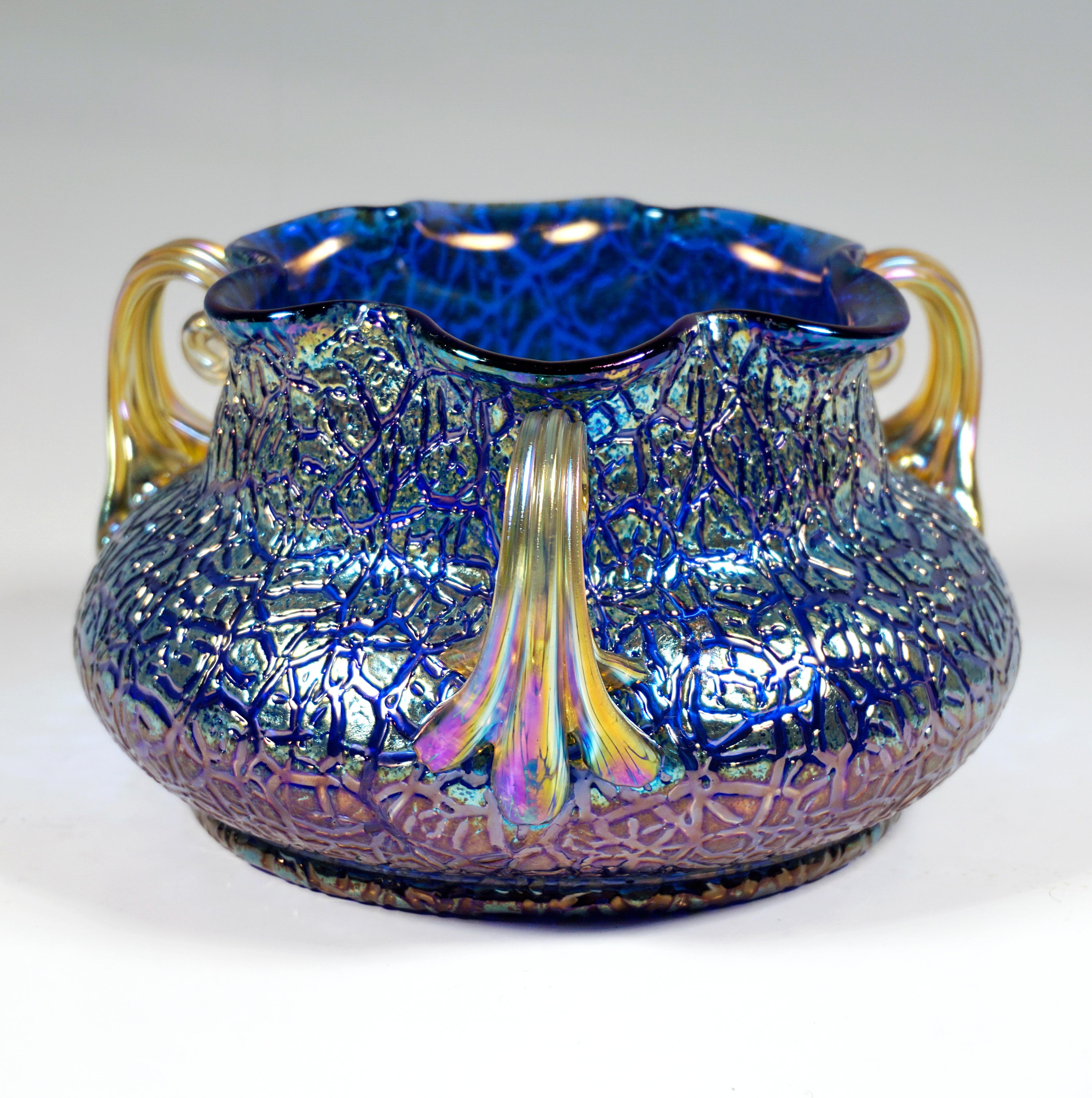 Austrian Loetz Art Nouveau Vase Cobalt Mimosa With 3 Handles, Austria-Hungary, circa 1911 For Sale