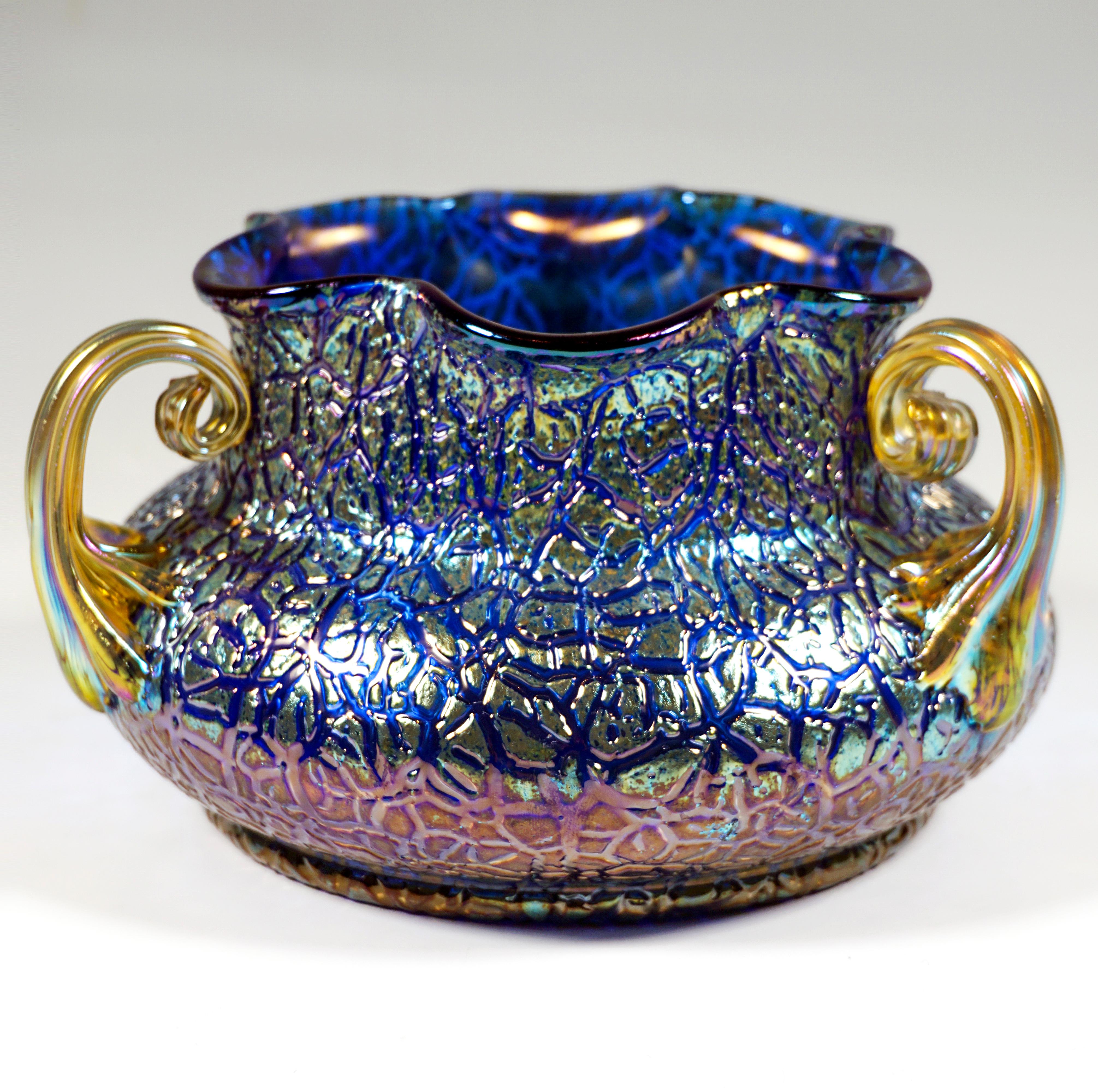 Hand-Crafted Loetz Art Nouveau Vase Cobalt Mimosa With 3 Handles, Austria-Hungary, circa 1911 For Sale