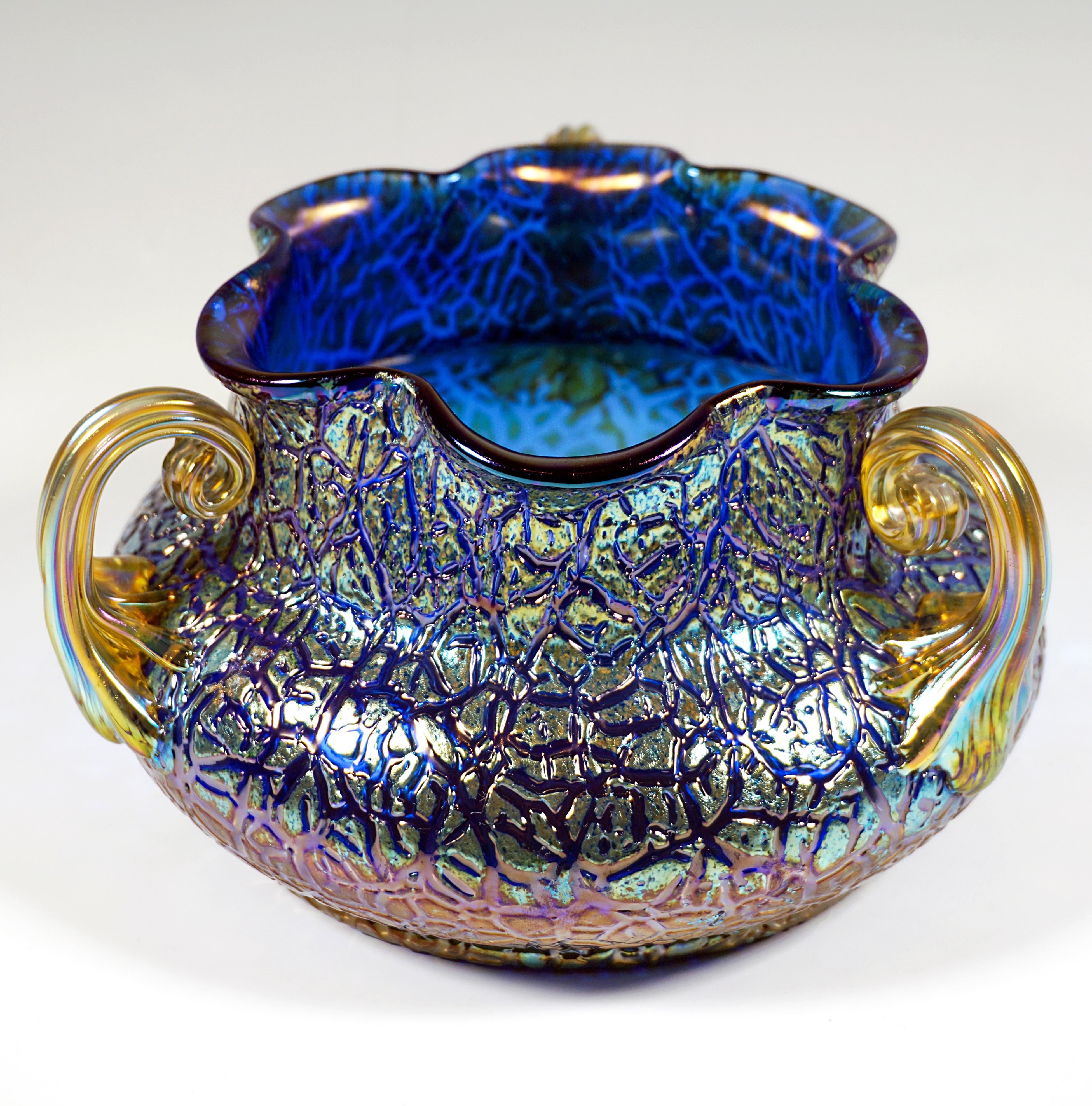 Loetz Art Nouveau Vase Cobalt Mimosa With 3 Handles, Austria-Hungary, circa 1911 In Good Condition For Sale In Vienna, AT