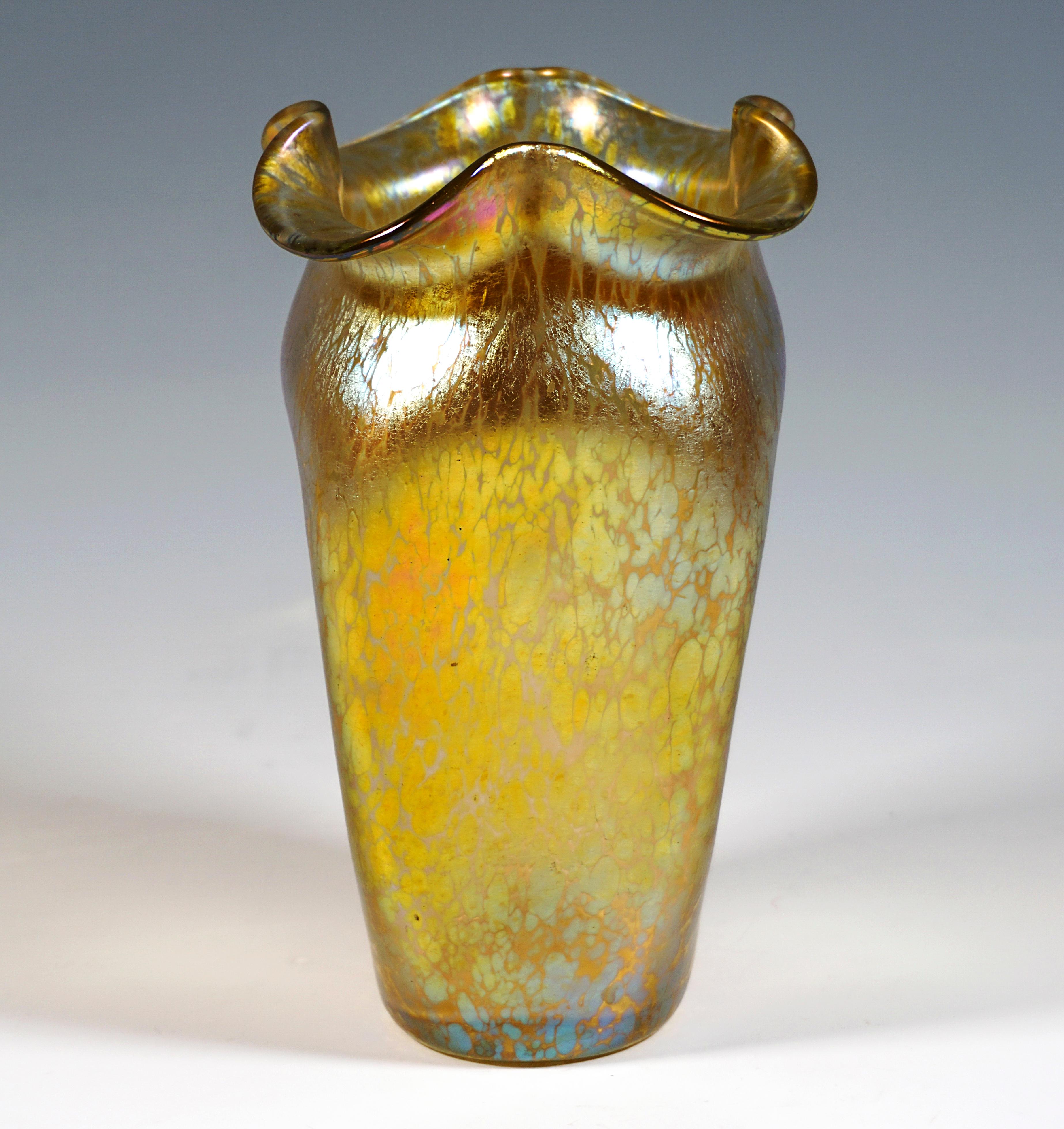 Finest Bohemian Art Nouveau Glass Vase:
Mould blown glass on flush stand, bulbous raised body fourfold extensively impressed, with short wide neck, lip rim formed into quatrefoil, cut out and spherical polished tear-off on bottom.

Shape: Series I,