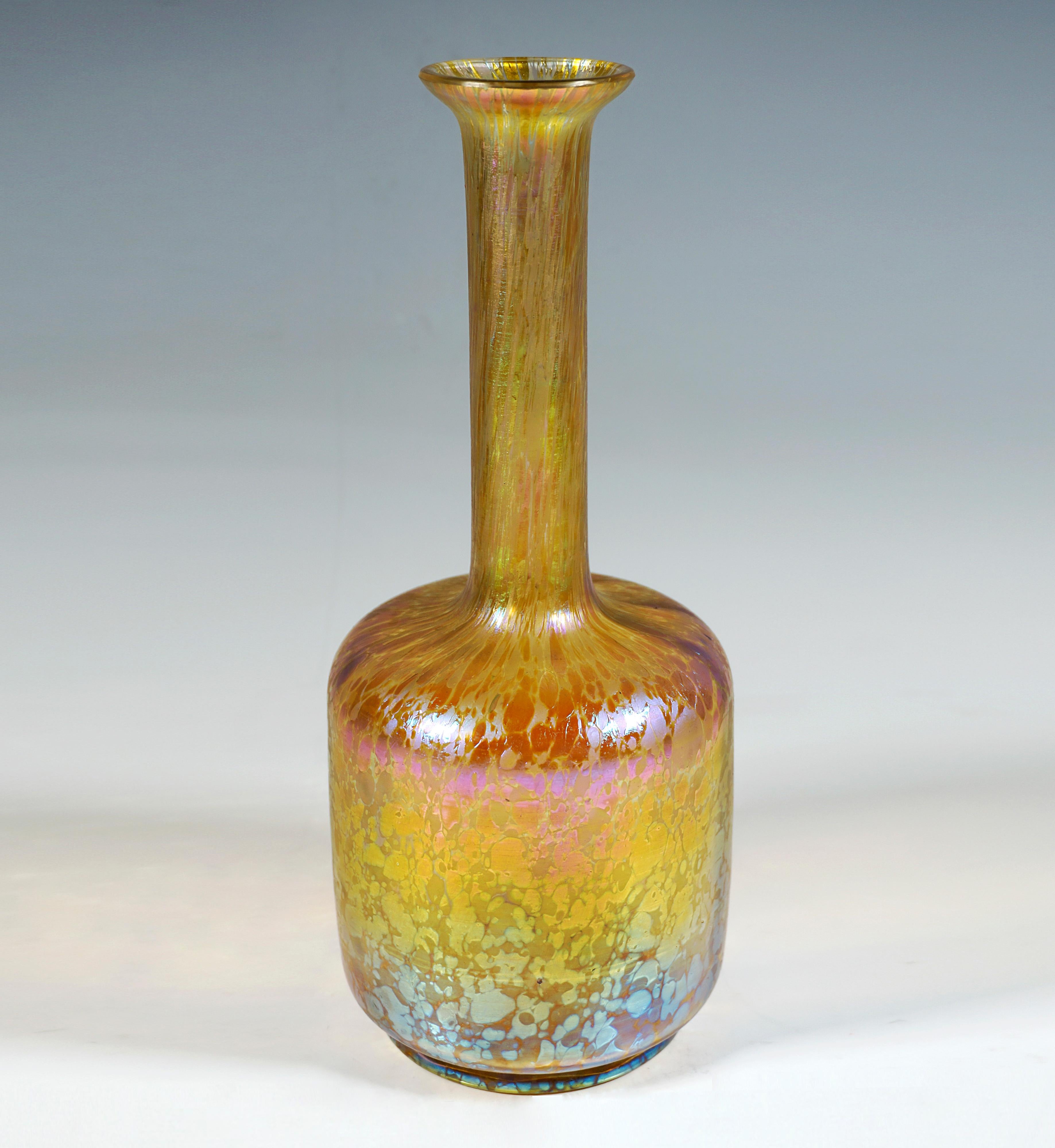 Finest Bohemian Art Nouveau Glass Vase:
Mould-blown glass vase, cylindrical lower body on a recessed, flush stand, long, slender neck with flared rim.

Shape: Series I, Prod. nr. - PN 7601,  year 1898

Decor: Decor Candia Papillon
Candia underlaid