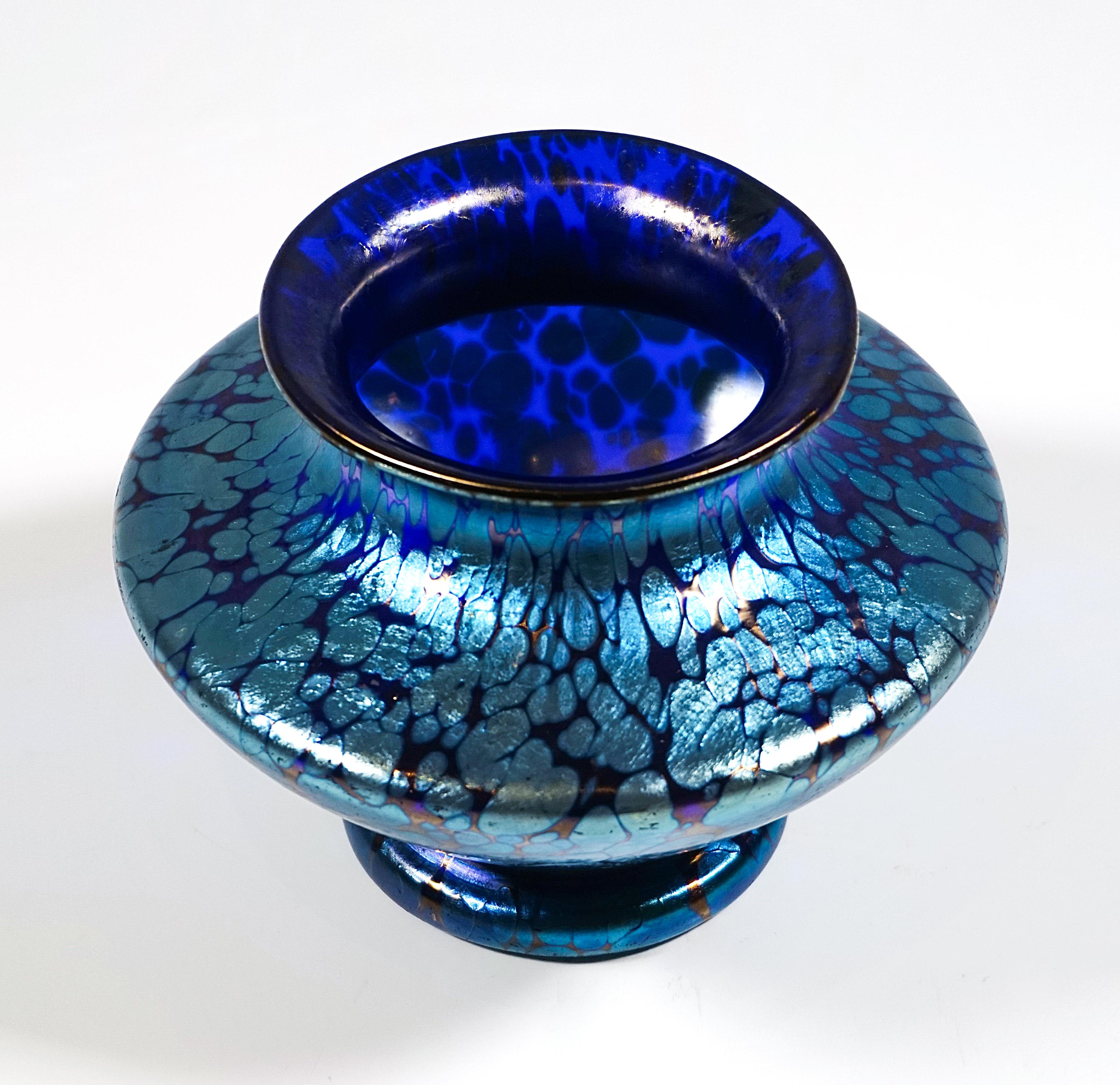 Austrian Loetz Art Nouveau Vase, Decor Cobalt Papillon, Disc-Shaped, Austria, Circa 1908