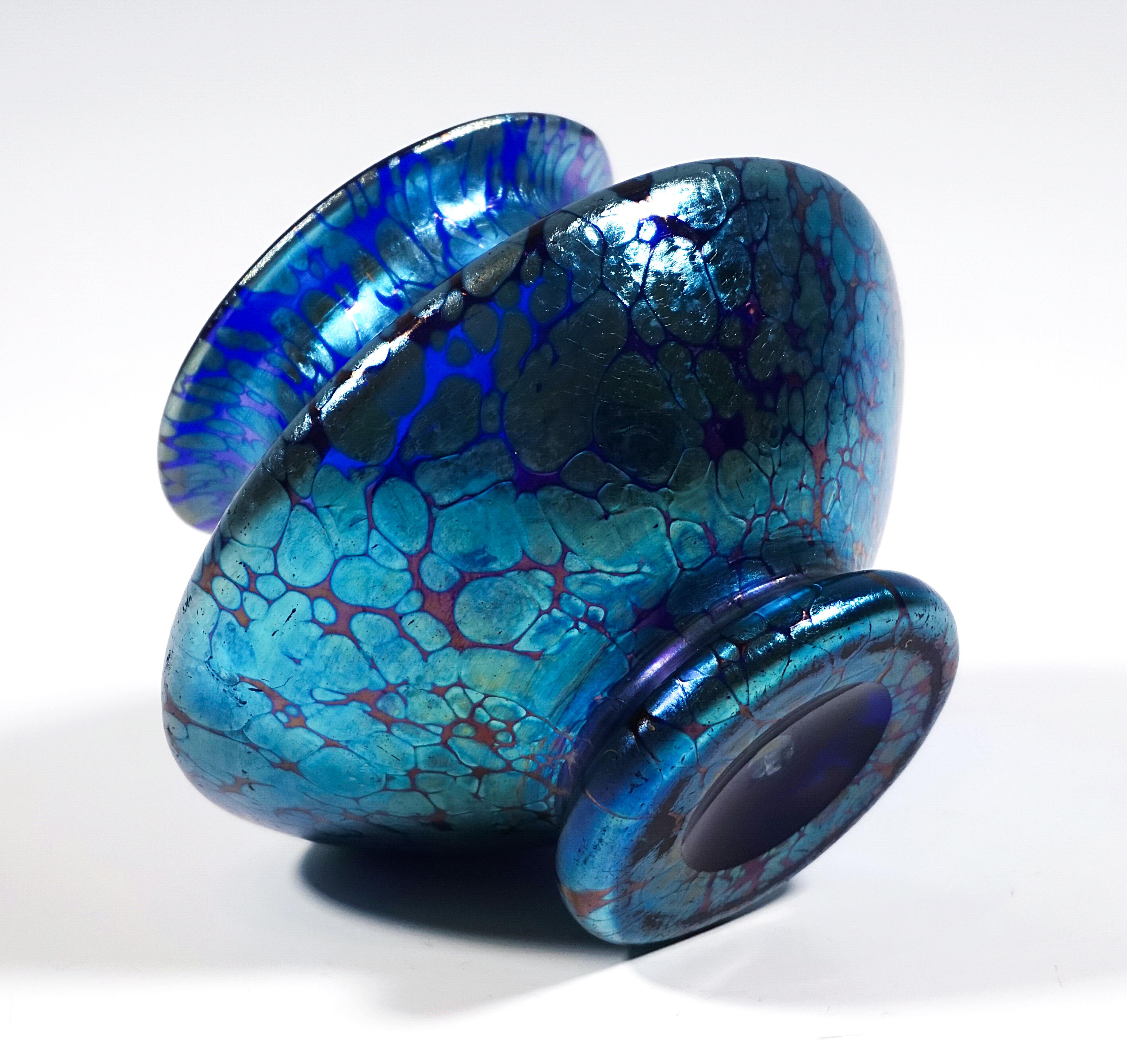 Hand-Crafted Loetz Art Nouveau Vase, Decor Cobalt Papillon, Disc-Shaped, Austria, Circa 1908
