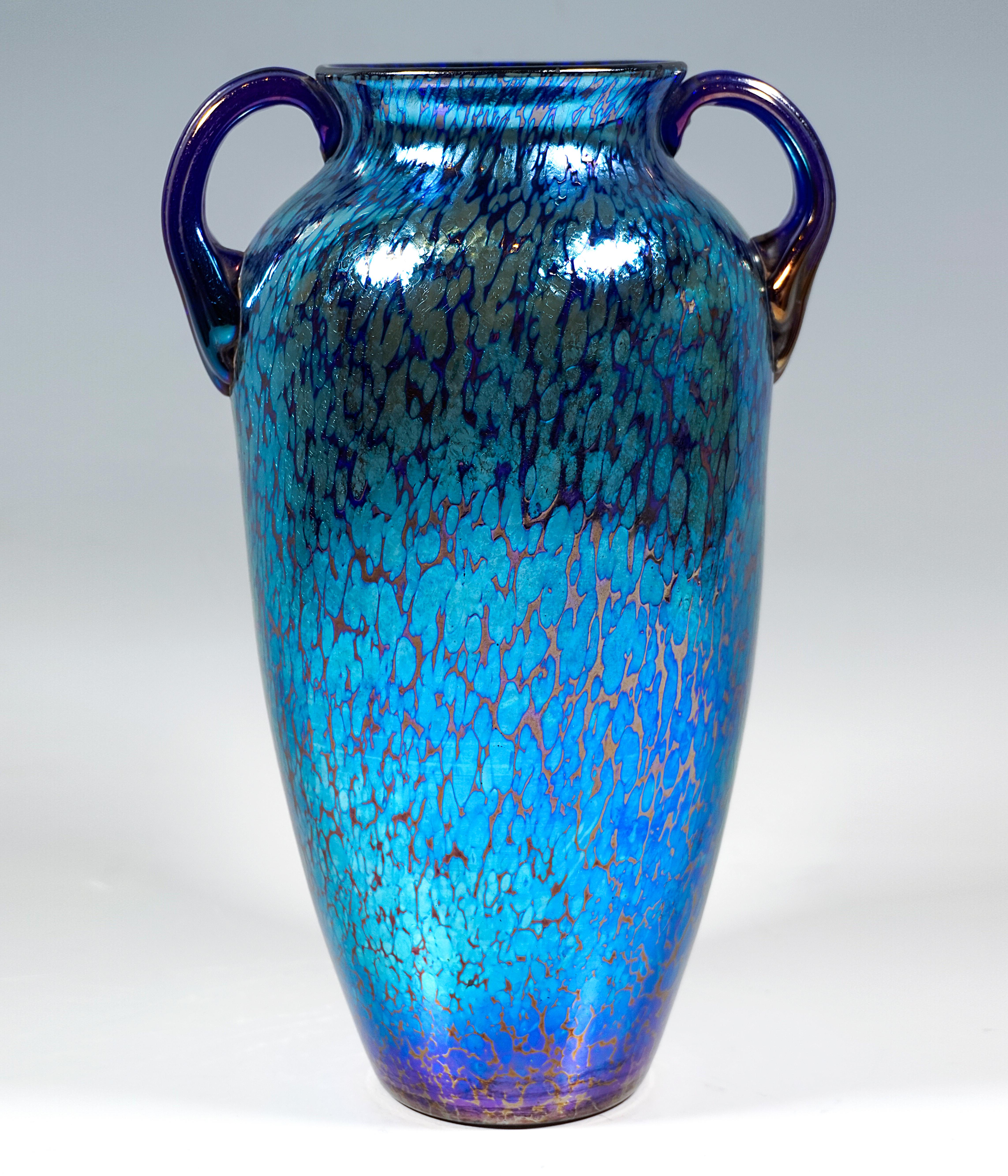 Austrian Loetz Art Nouveau Vase, Decor Cobalt Papillon, With Applied Handles, ca 1908