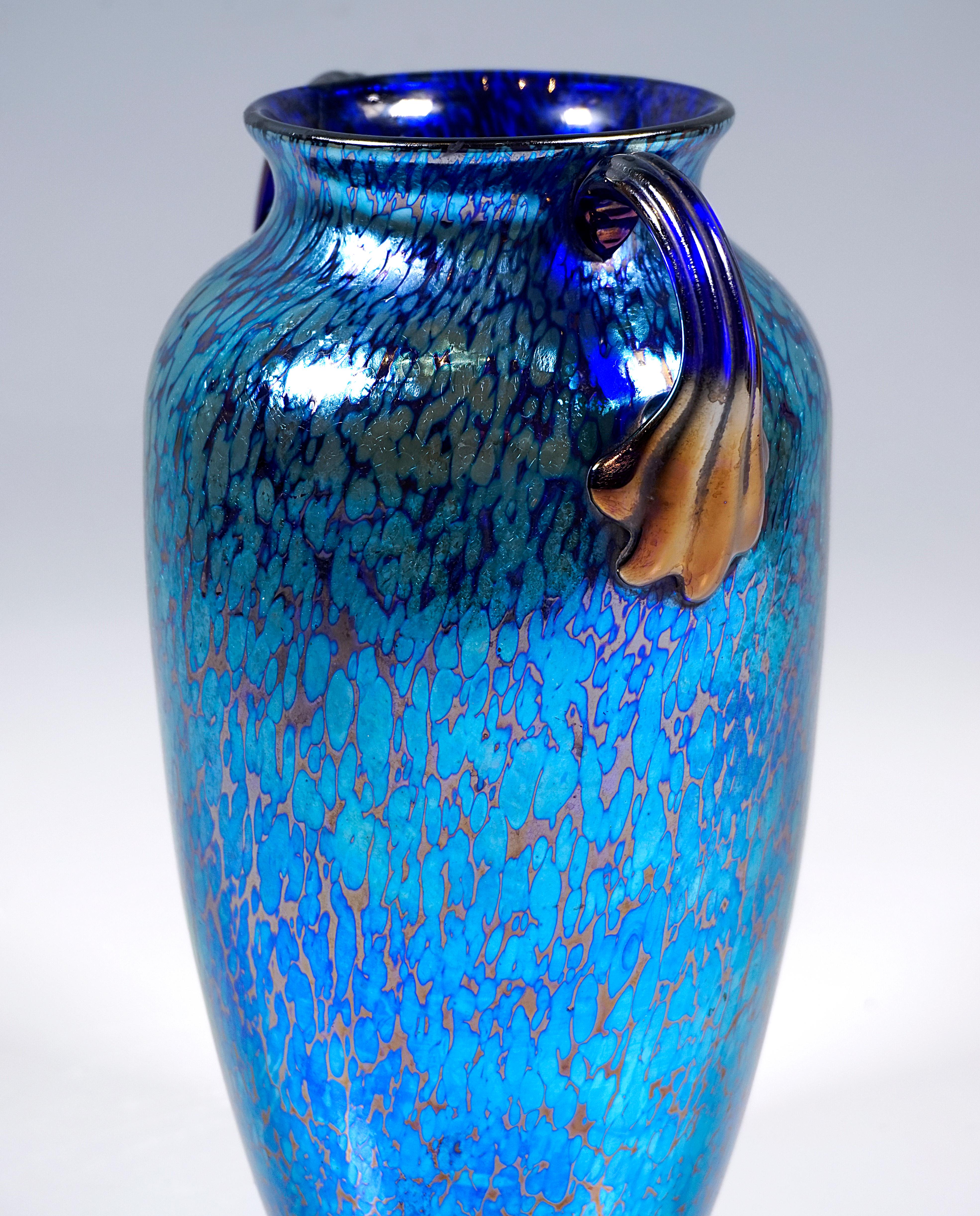 Hand-Crafted Loetz Art Nouveau Vase, Decor Cobalt Papillon, With Applied Handles, ca 1908
