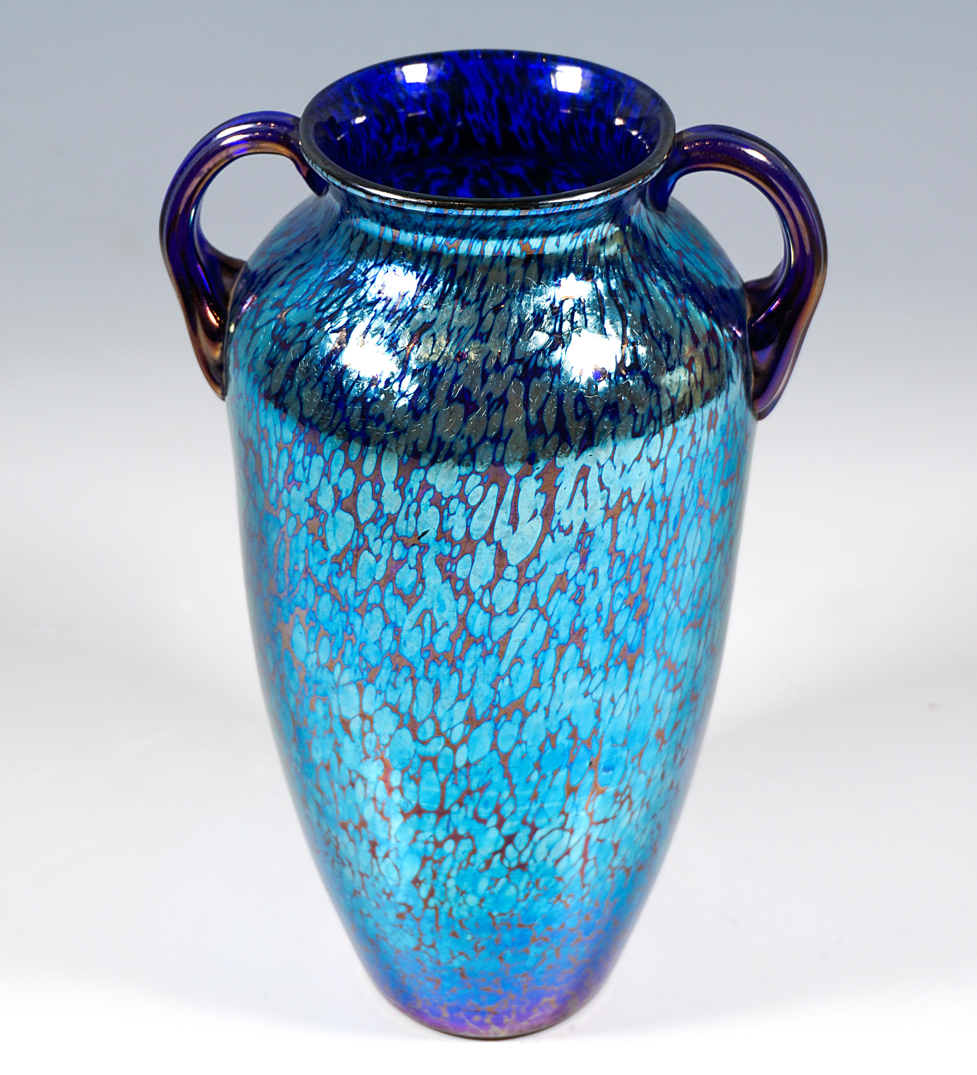 Loetz Art Nouveau Vase, Decor Cobalt Papillon, With Applied Handles, ca 1908 In Good Condition In Vienna, AT