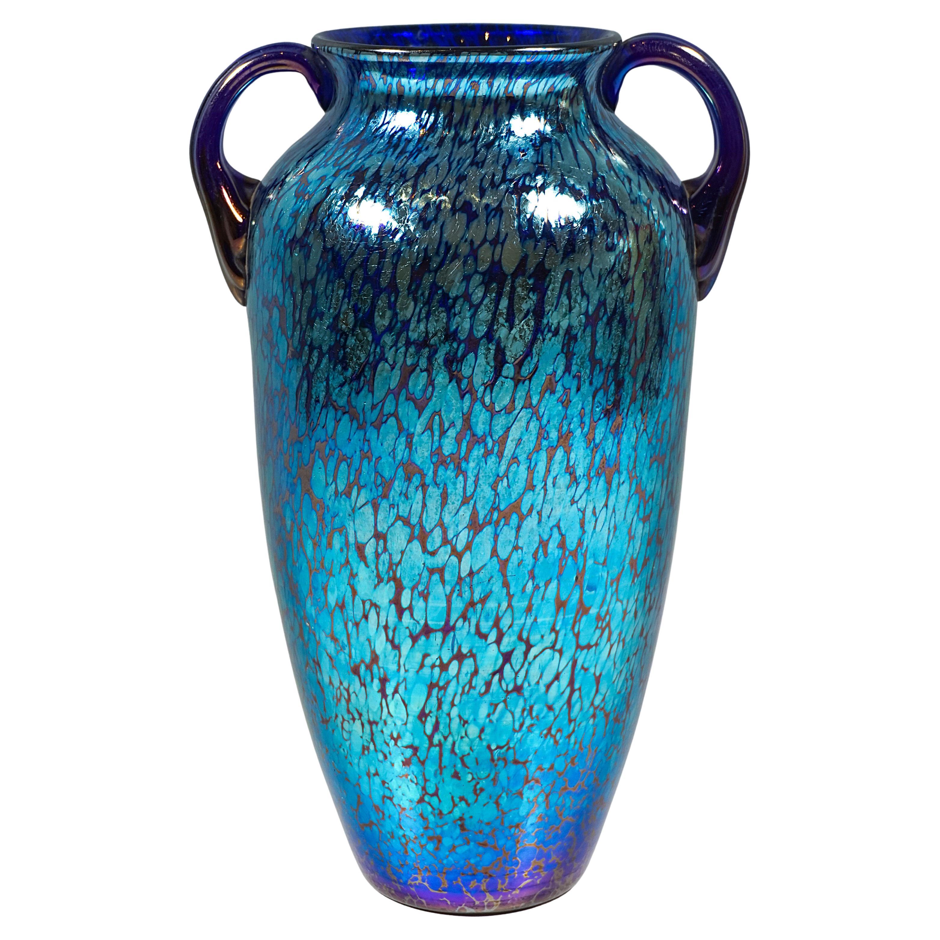 Loetz Art Nouveau Vase, Decor Cobalt Papillon, With Applied Handles, ca 1908