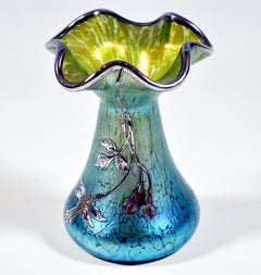 Loetz Art Nouveau Vase, Decor Creta Papillon With Silver Overlay, Austria, 1898