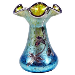 Loetz Art Nouveau Vase, Decor Creta Papillon With Silver Overlay, Austria, 1898