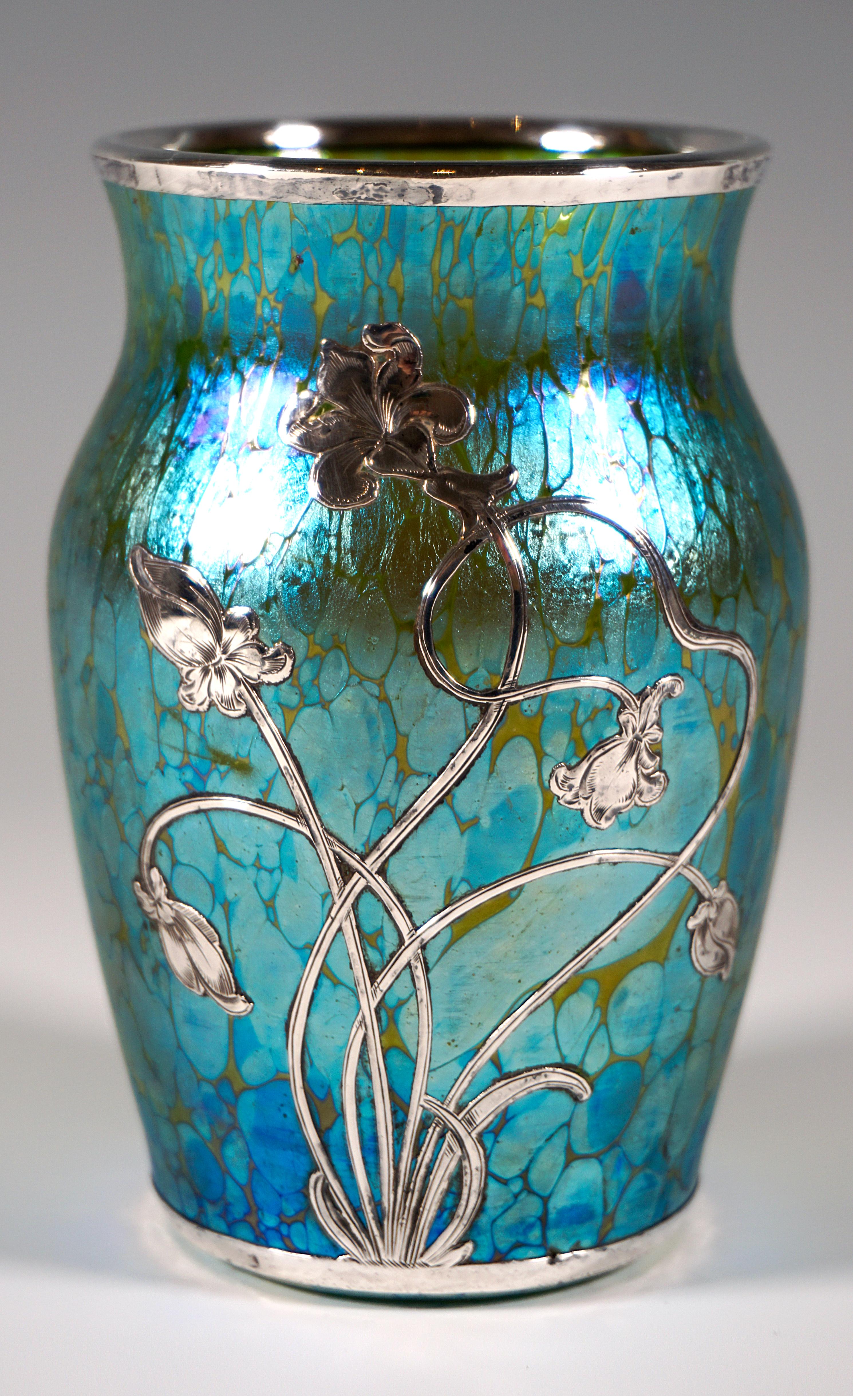 Austrian Loetz Art Nouveau Vase, Decor Crete Papillon with Silver Overlay, Bohemia, 1898