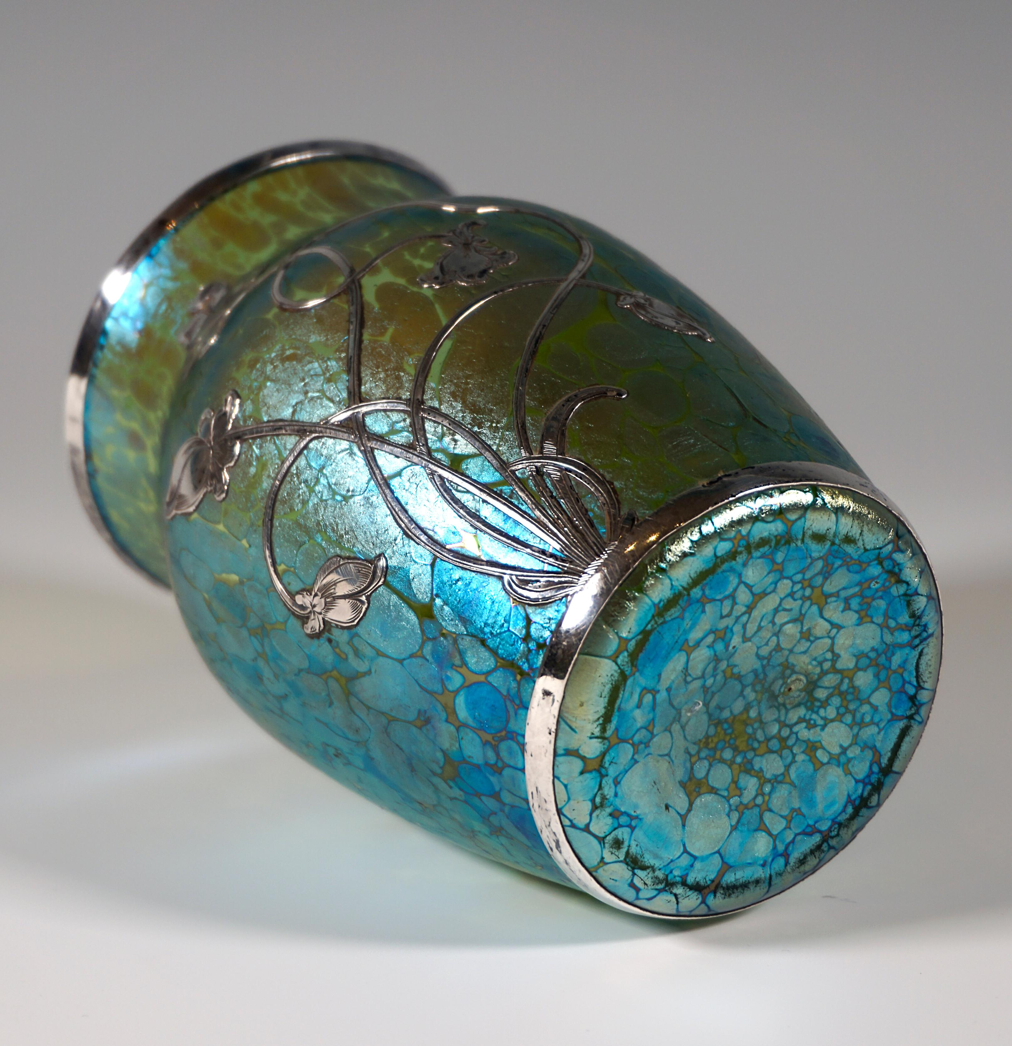 Hand-Crafted Loetz Art Nouveau Vase, Decor Crete Papillon with Silver Overlay, Bohemia, 1898