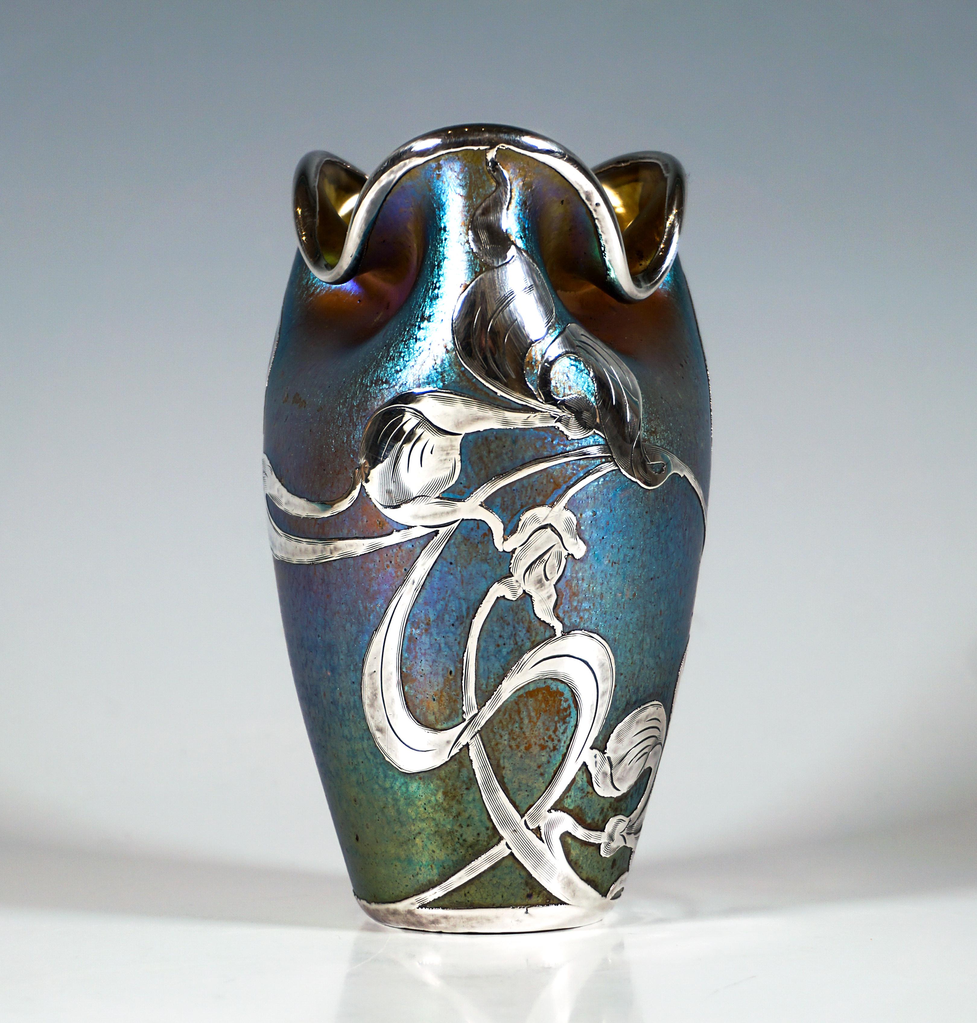 Hand-Crafted Loetz Art Nouveau Vase Decor Silberiris, Silver Overlay, Austria-Hungary, 1902